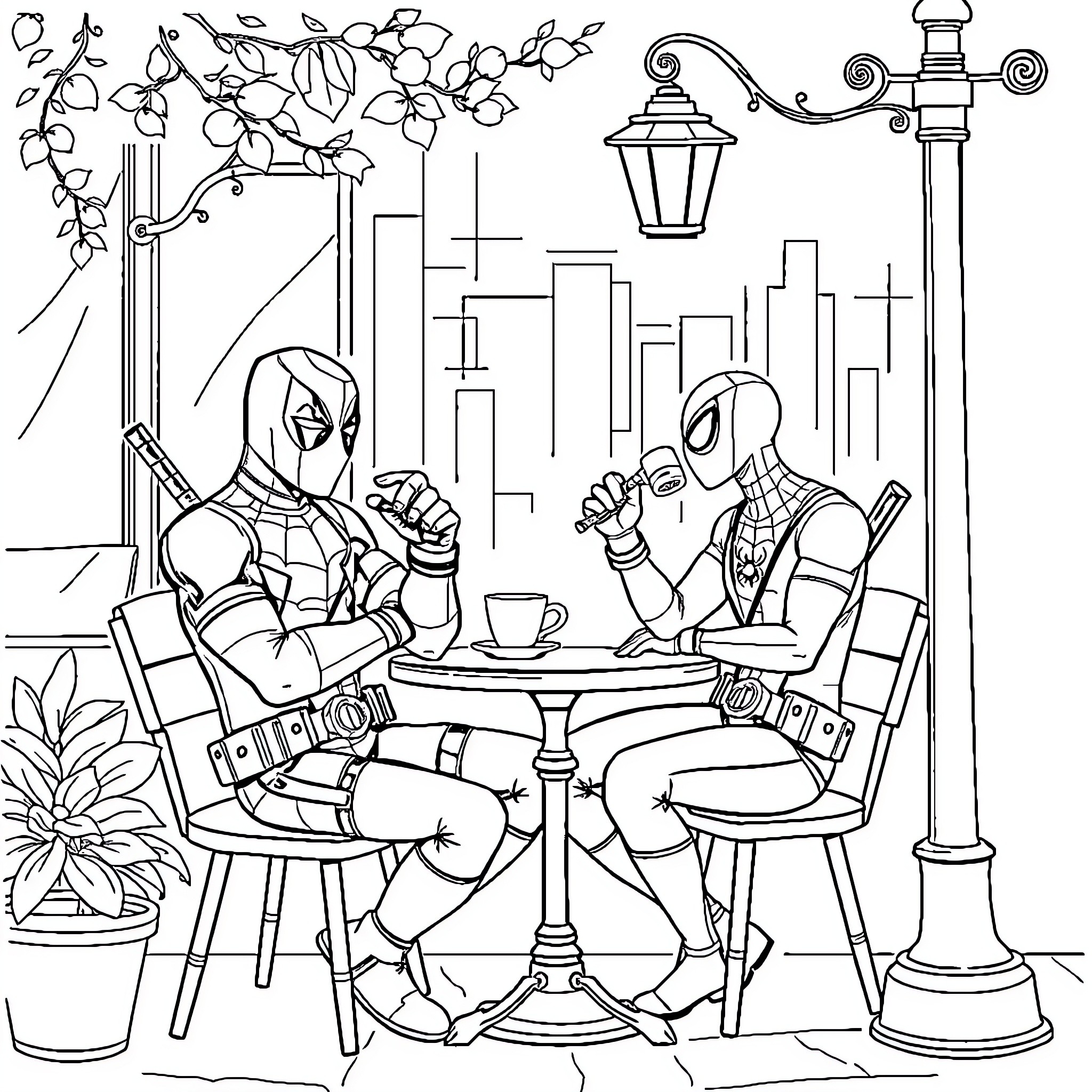 Deadpool Meets Spider-Man at a Cafe Overlooking the City Coloring Page (free black-and-white line drawing printable PDF for all, from beginners to advanced learners, including children, teens, adults, and seniors)