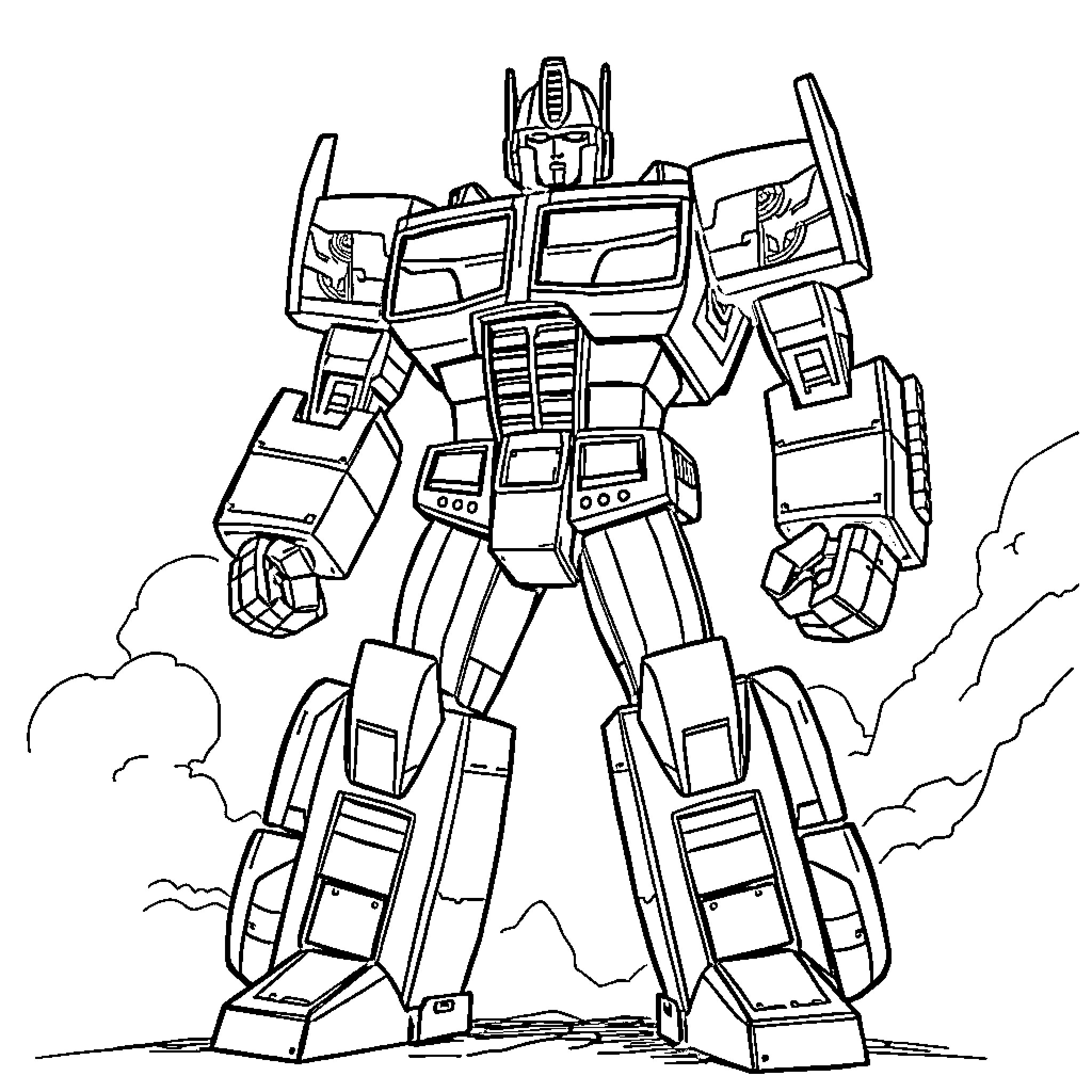 Optimus Prime transforming robot in action Coloring Page (free black-and-white line drawing printable PDF for all, from beginners to advanced learners, including children, teens, adults, and seniors)