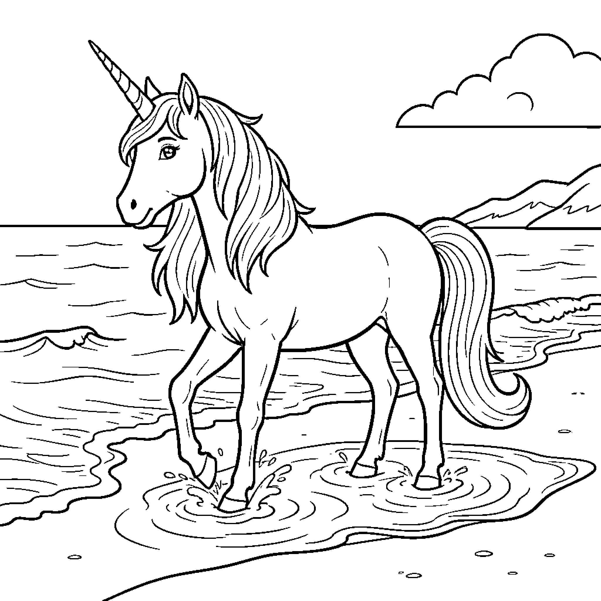 Unicorn walking gracefully along the ocean shore Coloring Page (free black-and-white line drawing printable PDF for all, from beginners to advanced learners, including children, teens, adults, and seniors)