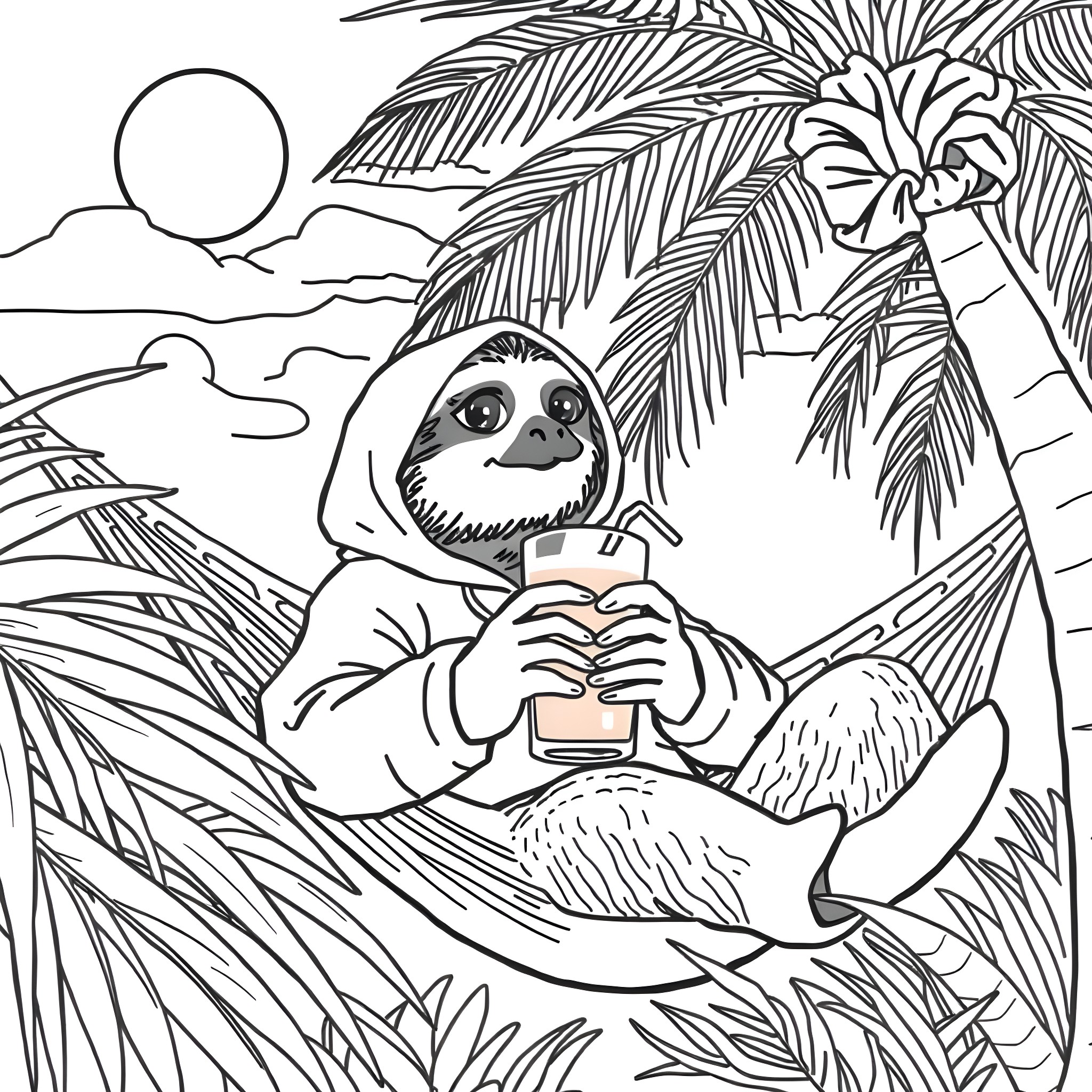 Sloth relaxing with a drink in a tropical paradise Coloring Page (free black-and-white line drawing printable PDF for all, from beginners to advanced learners, including children, teens, adults, and seniors)