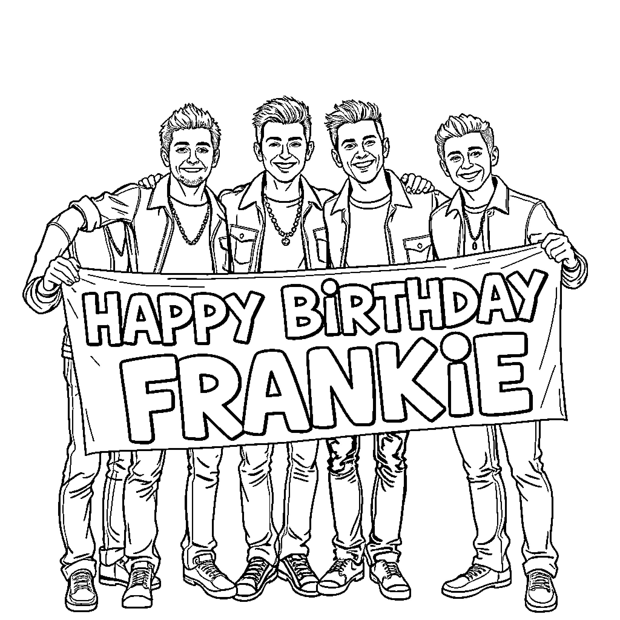Backstreet Boys wishing Frankie a happy birthday with a sign Coloring Page (free black-and-white line drawing printable PDF for all, from beginners to advanced learners, including children, teens, adults, and seniors)