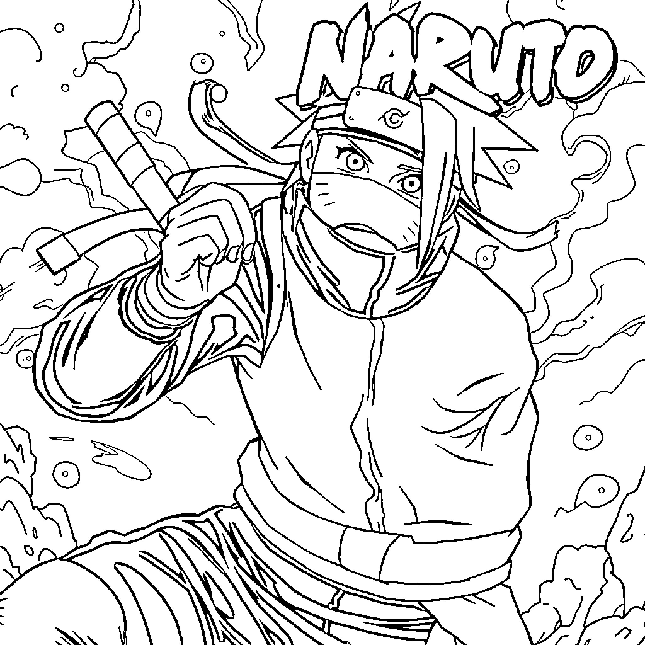 Naruto using ninja techniques in action Coloring Page (free black-and-white line drawing printable PDF for all, from beginners to advanced learners, including children, teens, adults, and seniors)
