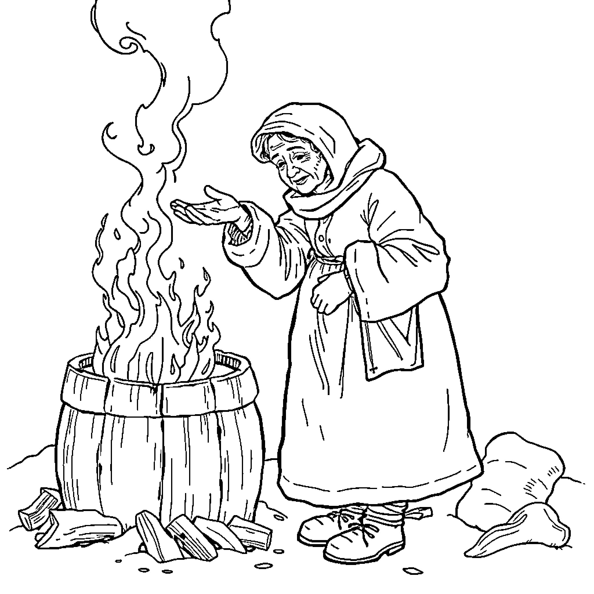 Woman warming her hands by a campfire Coloring Page (free black-and-white line drawing printable PDF for all, from beginners to advanced learners, including children, teens, adults, and seniors)