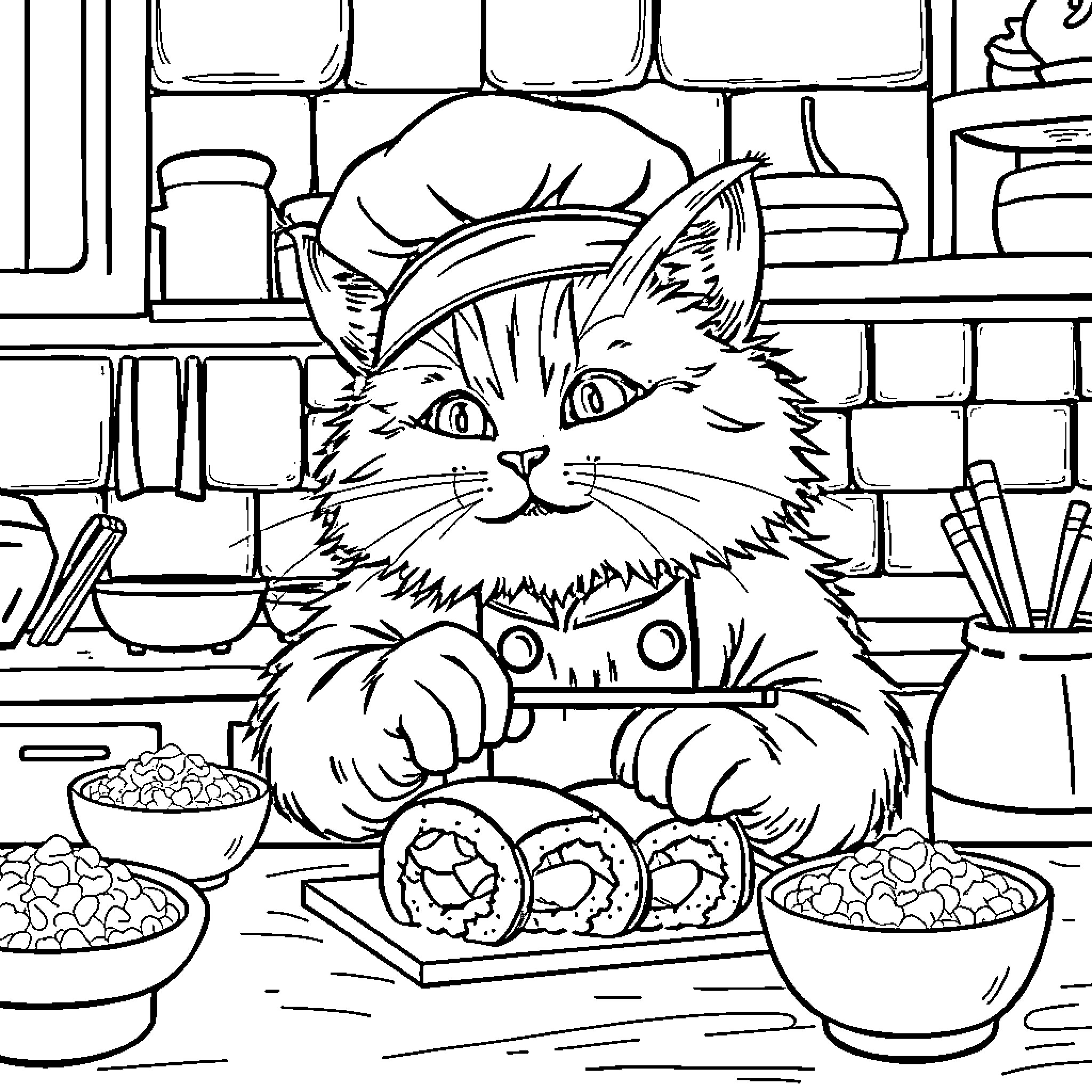 Cat enjoying sushi in a kitchen Coloring Page (free black-and-white line drawing printable PDF for all, from beginners to advanced learners, including children, teens, adults, and seniors)