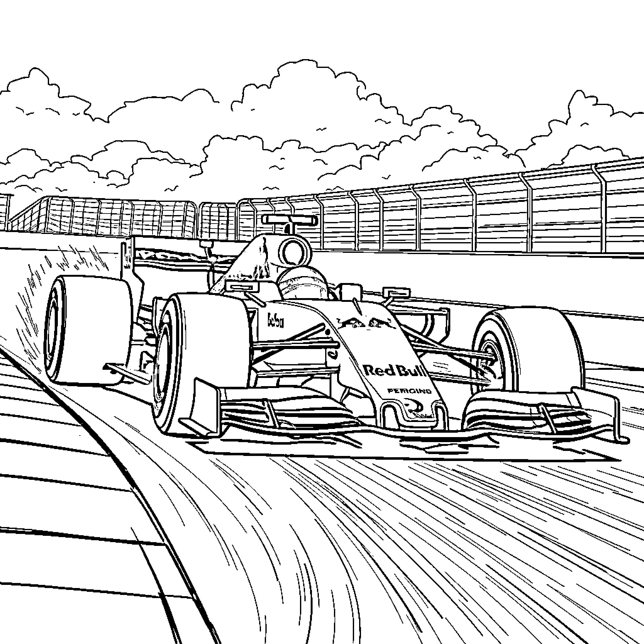 F1 Car racing on track with clouds in the sky Coloring Page (free black-and-white line drawing printable PDF for all, from beginners to advanced learners, including children, teens, adults, and seniors)