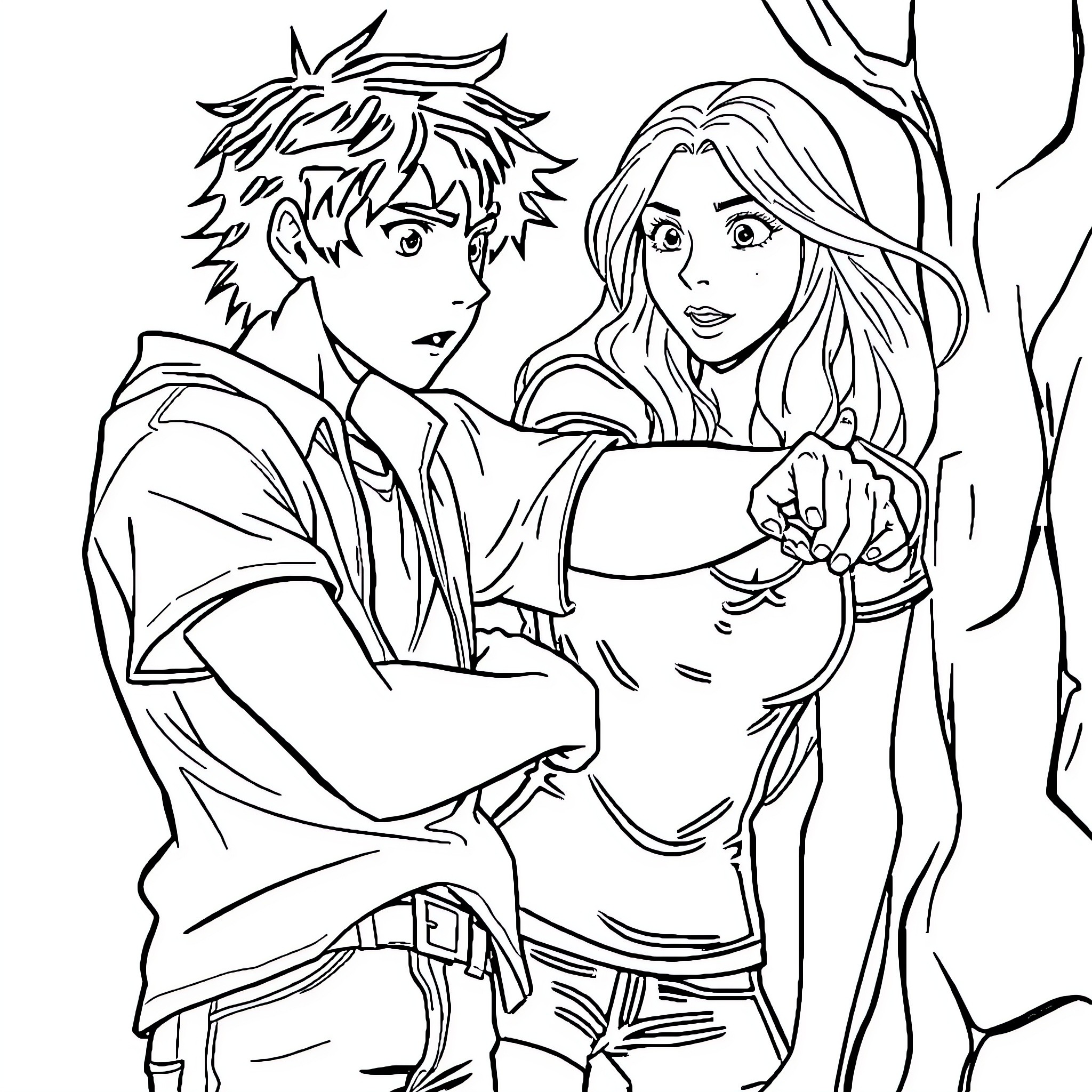 Percy Jackson and Annabeth Chase in the Underworld Coloring Page (free black-and-white line drawing printable PDF for all, from beginners to advanced learners, including children, teens, adults, and seniors)