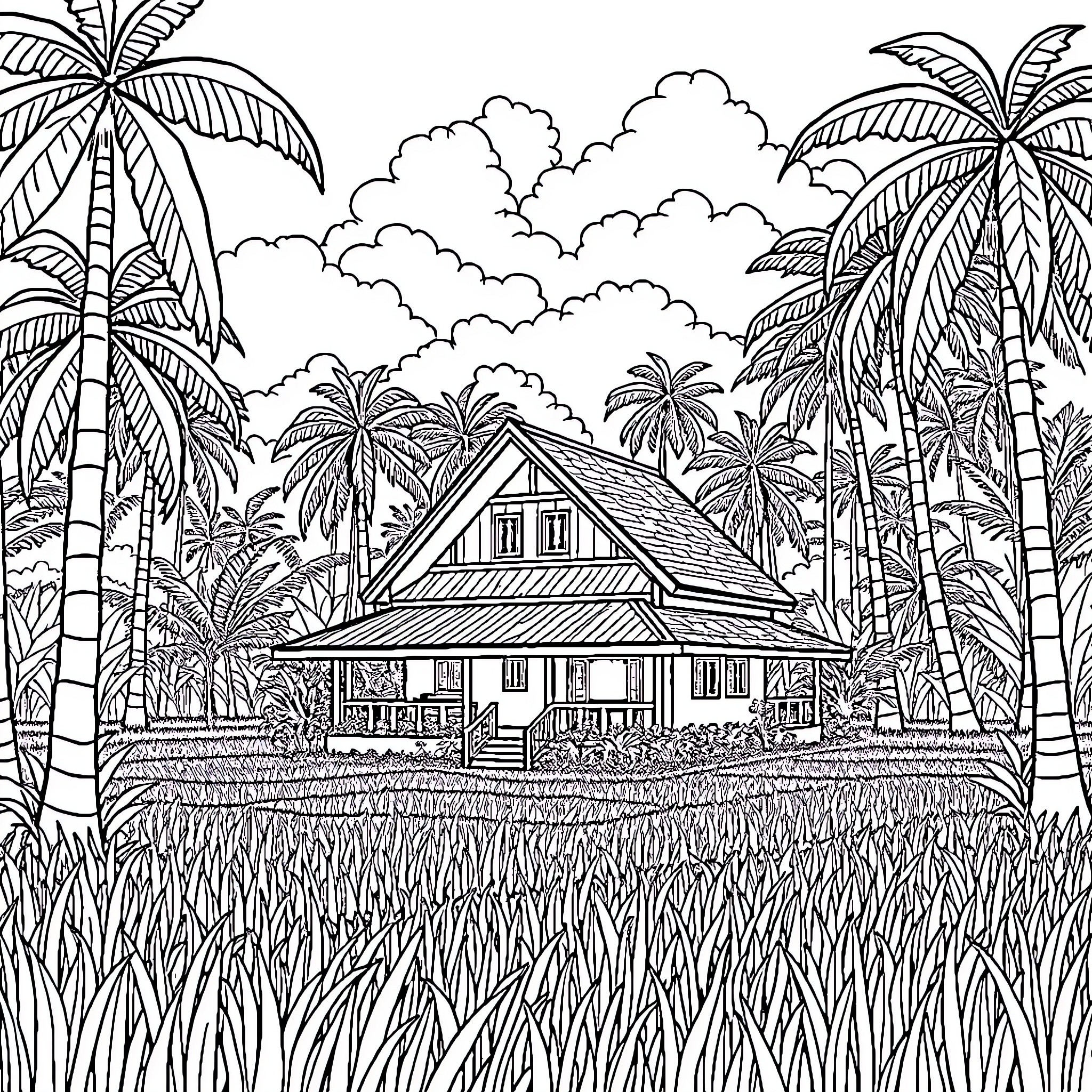 House in the tropical palm grove Coloring Page (free black-and-white line drawing printable PDF for all, from beginners to advanced learners, including children, teens, adults, and seniors)