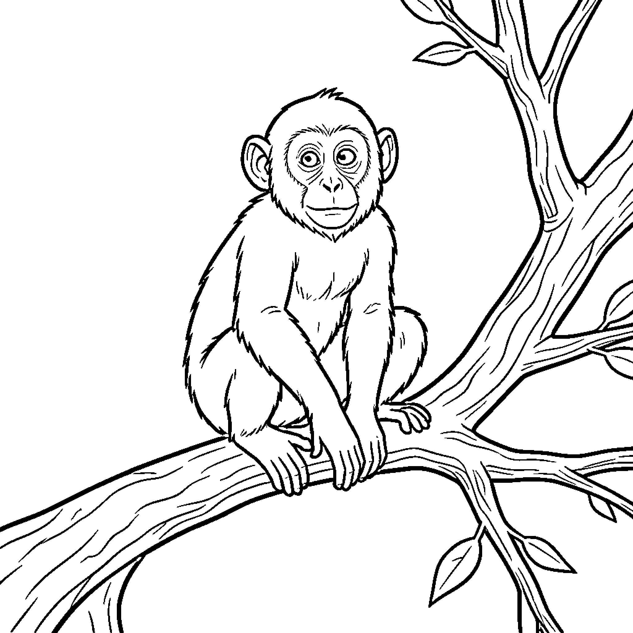 Singe sitting alertly on a tree branch Coloring Page (free black-and-white line drawing printable PDF for all, from beginners to advanced learners, including children, teens, adults, and seniors)