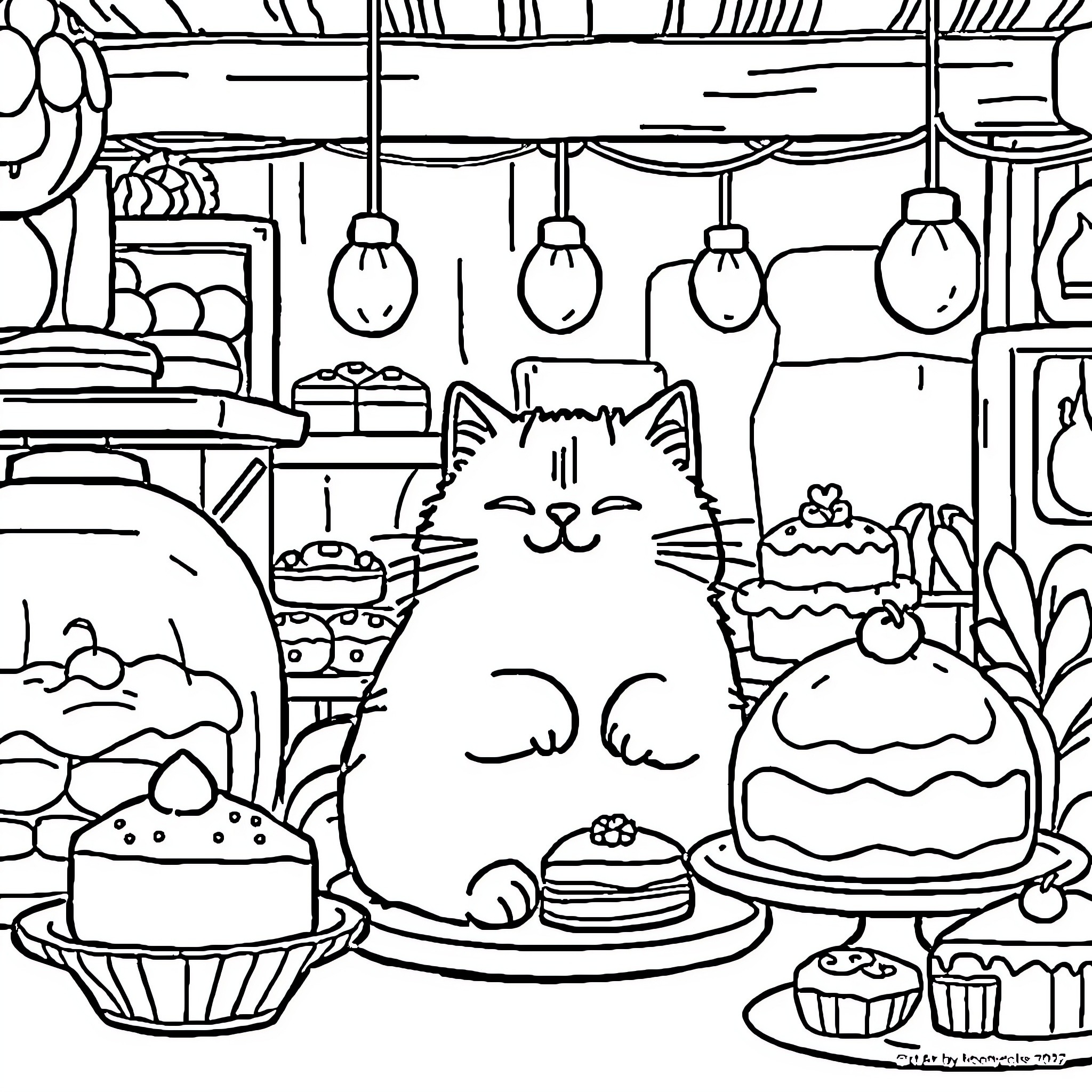 Pusheen enjoying sweet treats in a cozy bakery Coloring Page (free black-and-white line drawing printable PDF for all, from beginners to advanced learners, including children, teens, adults, and seniors)