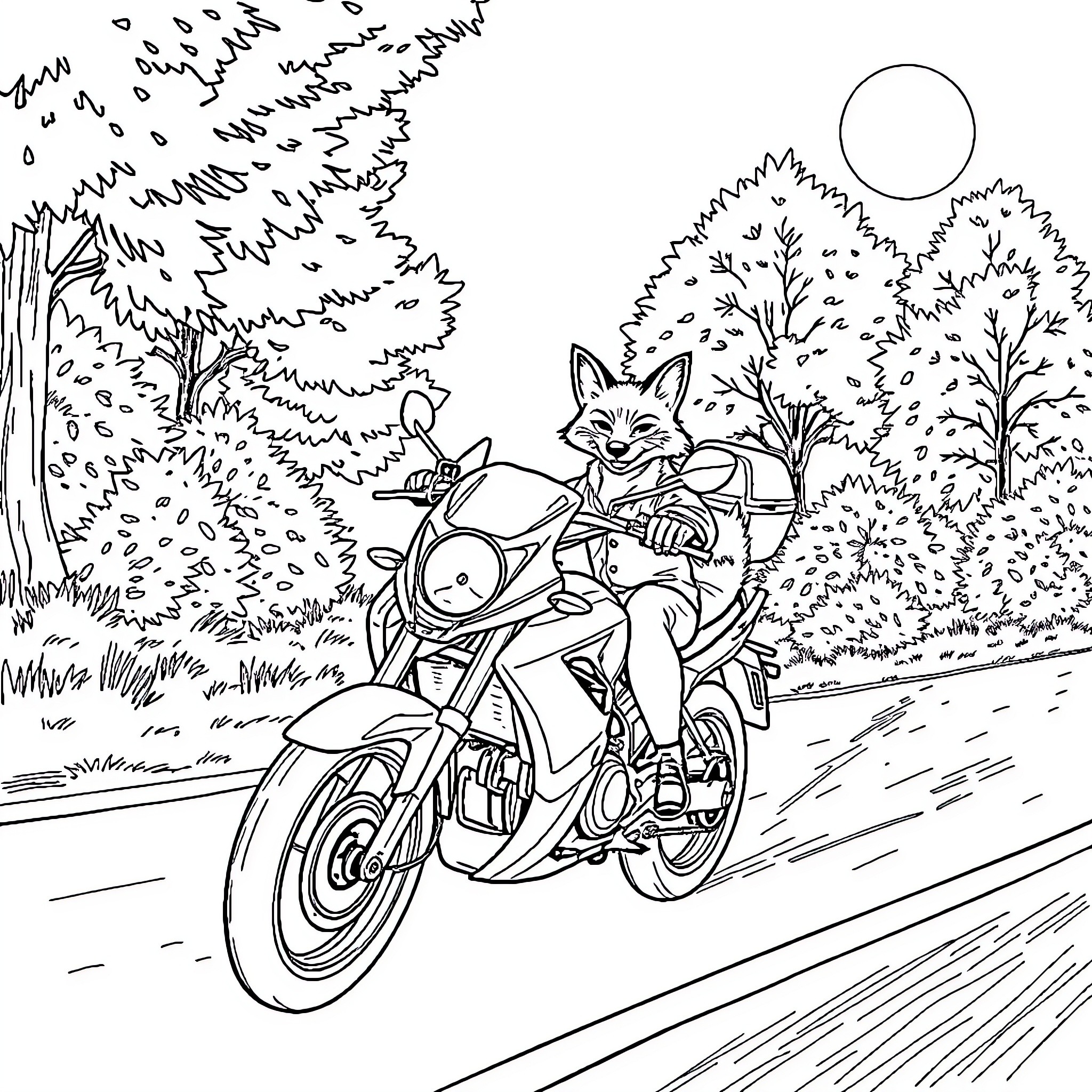 Fox riding motorcycle through autumn forest Coloring Page (free black-and-white line drawing printable PDF for all, from beginners to advanced learners, including children, teens, adults, and seniors)