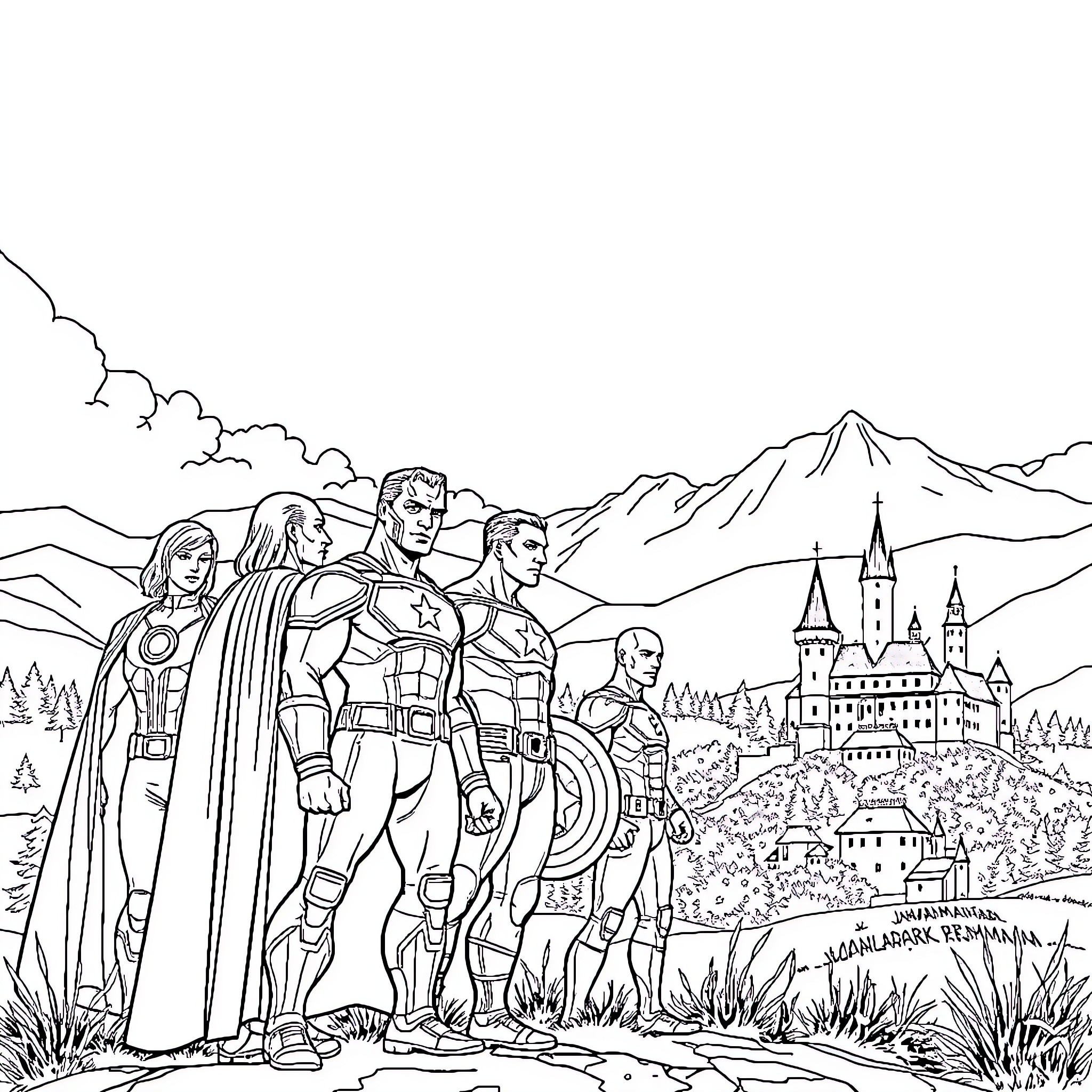 Avengers assemble for a heroic adventure Coloring Page (free black-and-white line drawing printable PDF for all, from beginners to advanced learners, including children, teens, adults, and seniors)