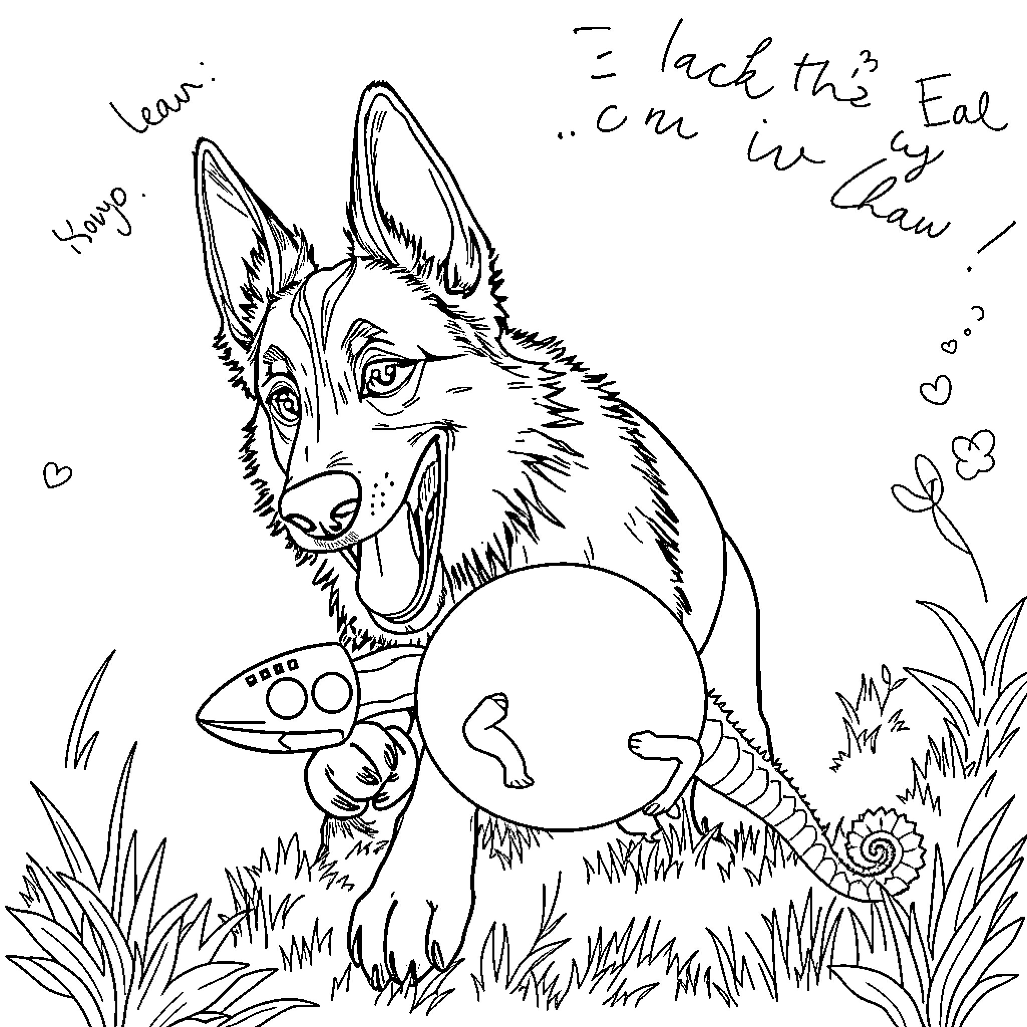 German Shepherd exploring the outdoors with curious companions Coloring Page (free black-and-white line drawing printable PDF for all, from beginners to advanced learners, including children, teens, adults, and seniors)