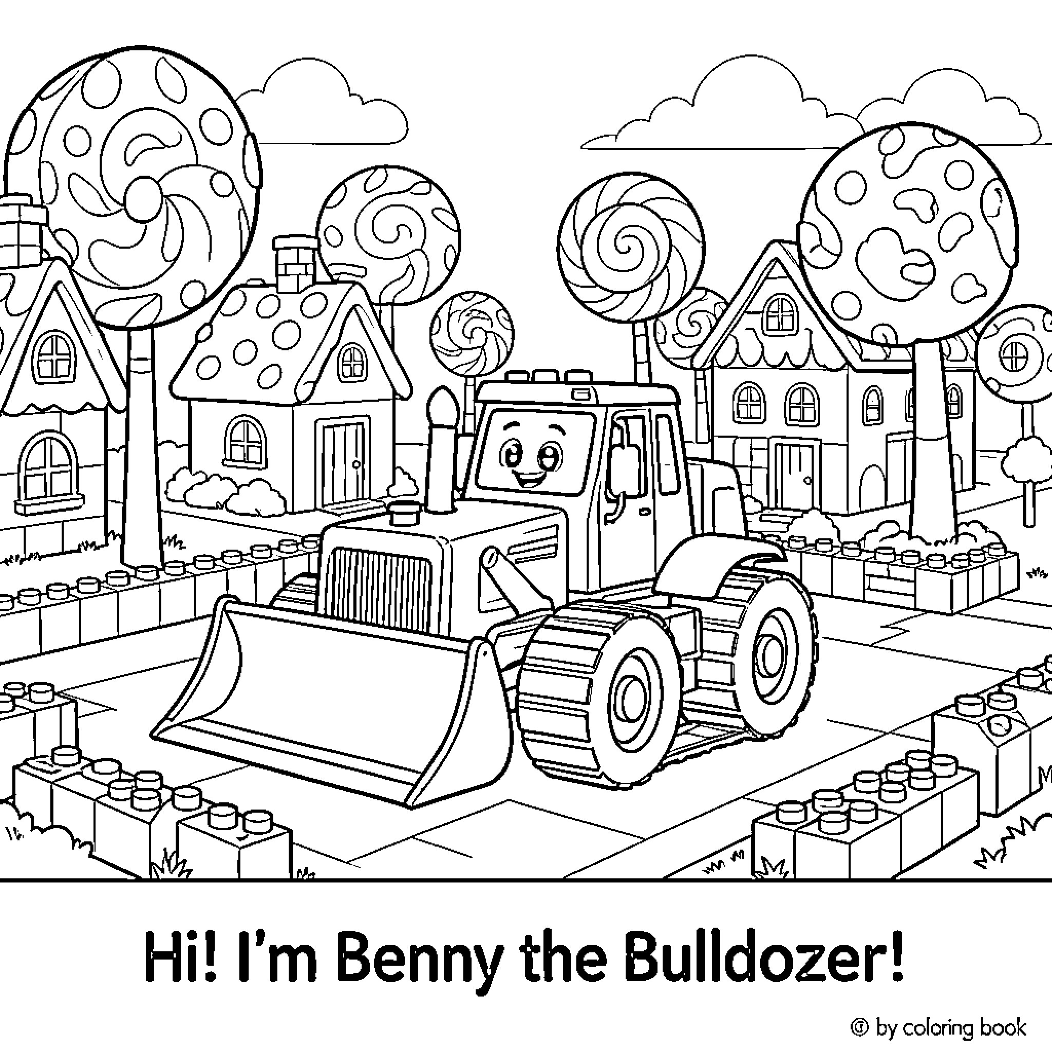 Bulldozer working in a whimsical cartoon town Coloring Page (free black-and-white line drawing printable PDF for all, from beginners to advanced learners, including children, teens, adults, and seniors)