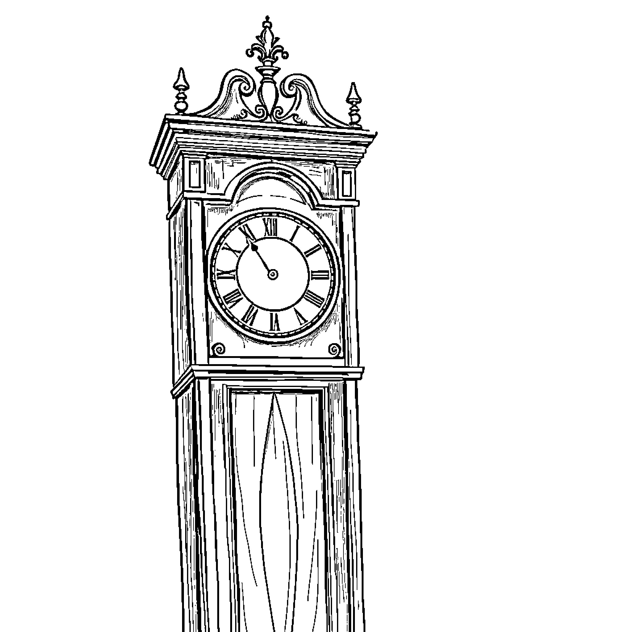 Grandfather Clock with Ornate Details Coloring Page (free black-and-white line drawing printable PDF for all, from beginners to advanced learners, including children, teens, adults, and seniors)