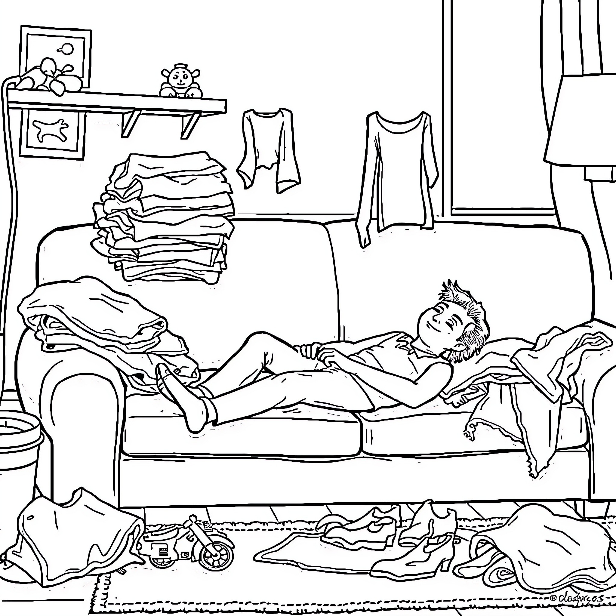 Man resting lazily on the couch at home Coloring Page (free black-and-white line drawing printable PDF for all, from beginners to advanced learners, including children, teens, adults, and seniors)