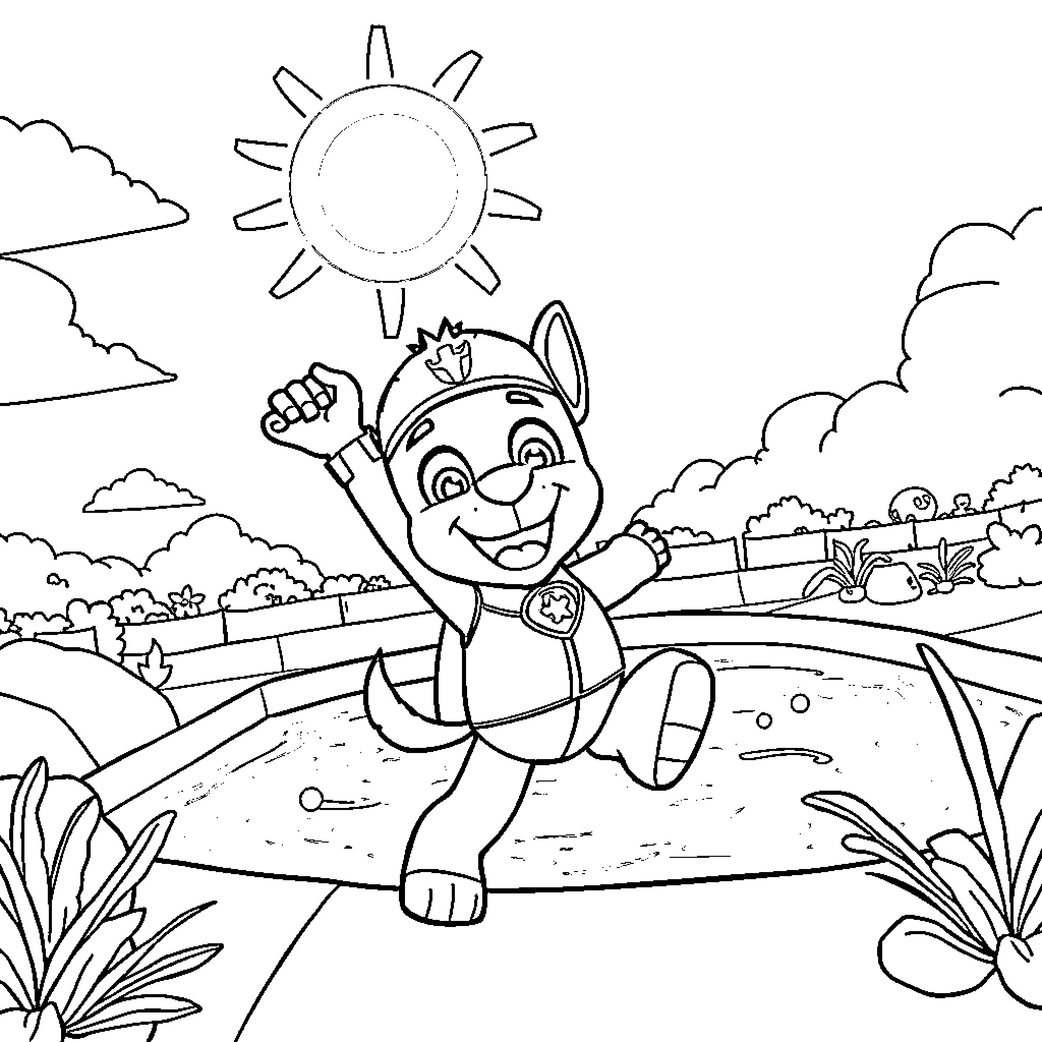 Marcus exploring the sunny outdoor scene Coloring Page (free black-and-white line drawing printable PDF for all, from beginners to advanced learners, including children, teens, adults, and seniors)