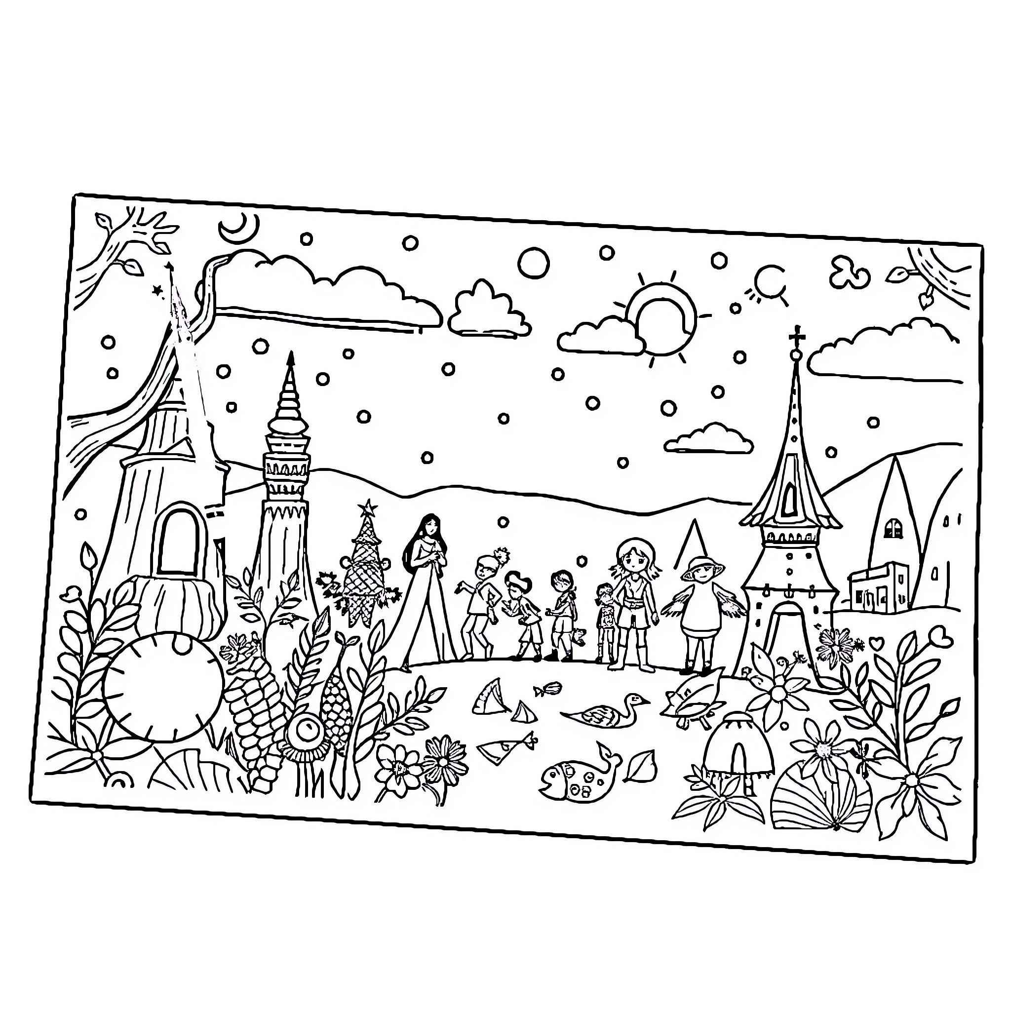 Drawings of a whimsical fantasy town with diverse characters Coloring Page (free black-and-white line drawing printable PDF for all, from beginners to advanced learners, including children, teens, adults, and seniors)