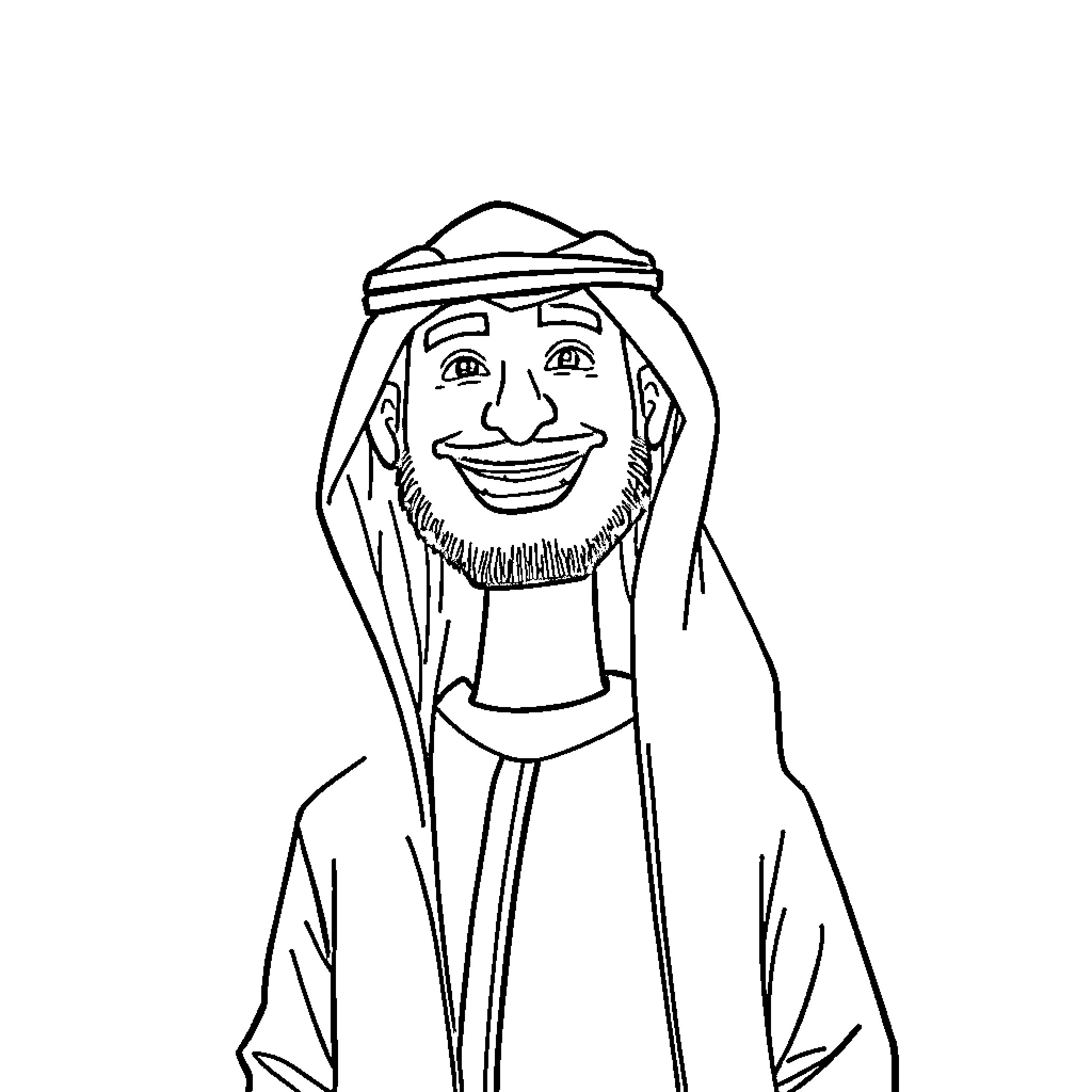 Omer Al Mogtare in traditional Arab attire Coloring Page (free black-and-white line drawing printable PDF for all, from beginners to advanced learners, including children, teens, adults, and seniors)
