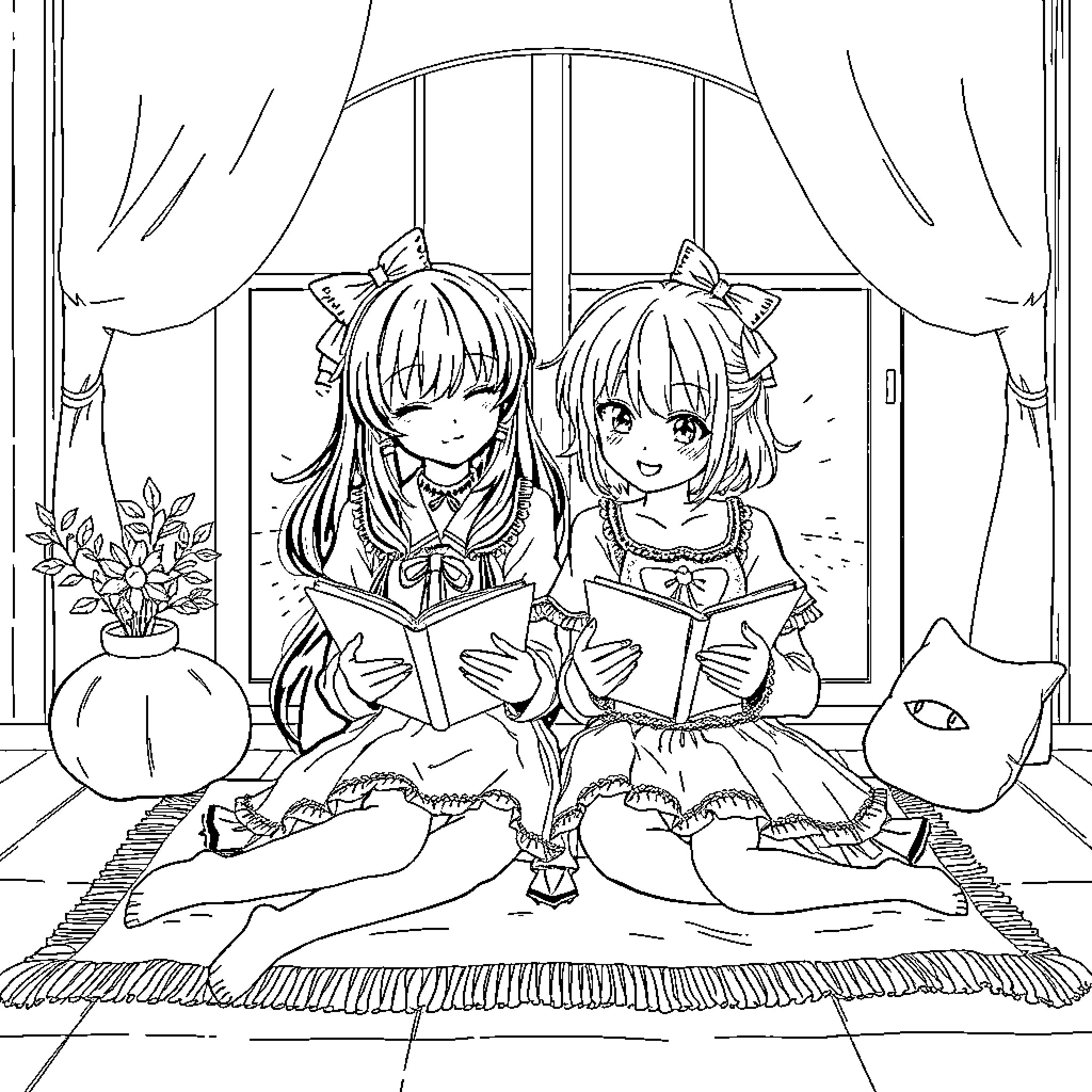 Reimu and friend reading books together Coloring Page (free black-and-white line drawing printable PDF for all, from beginners to advanced learners, including children, teens, adults, and seniors)