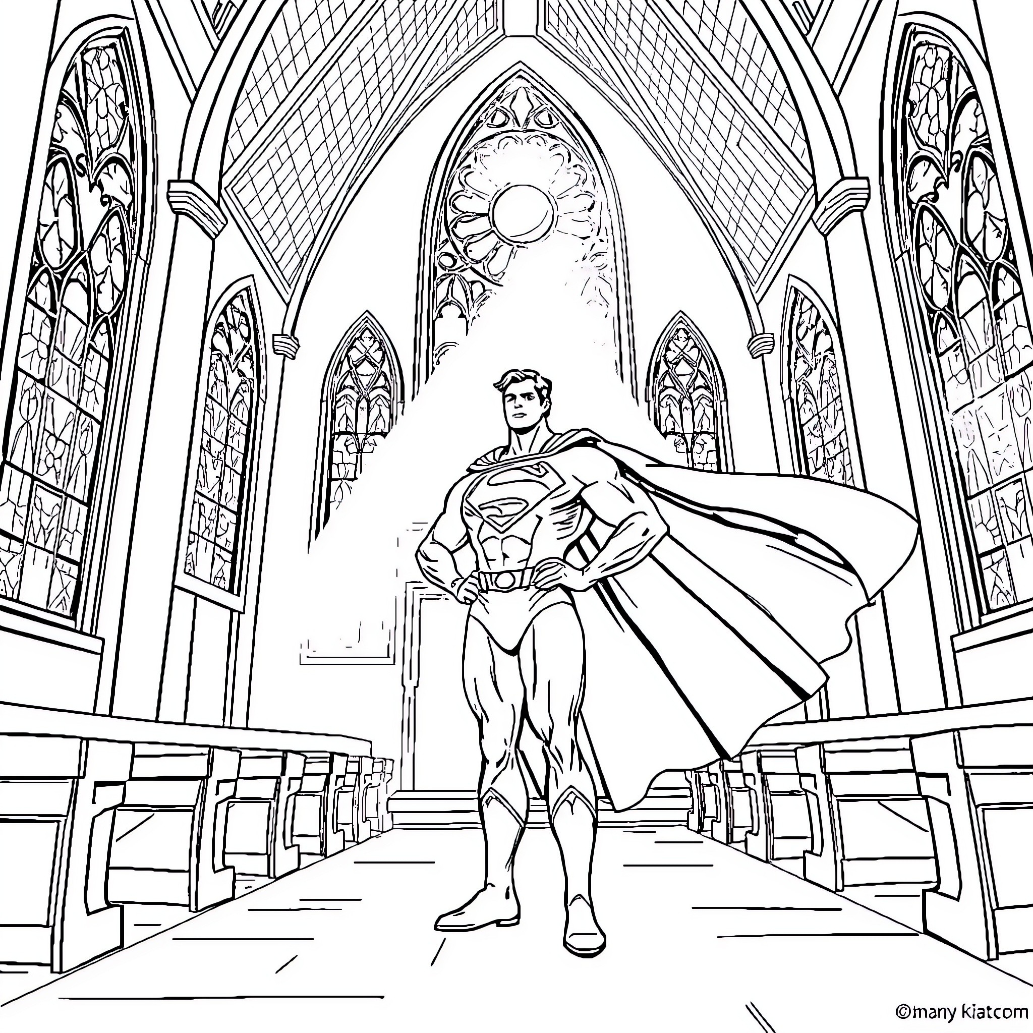 Superman in a grand cathedral setting Coloring Page (free black-and-white line drawing printable PDF for all, from beginners to advanced learners, including children, teens, adults, and seniors)
