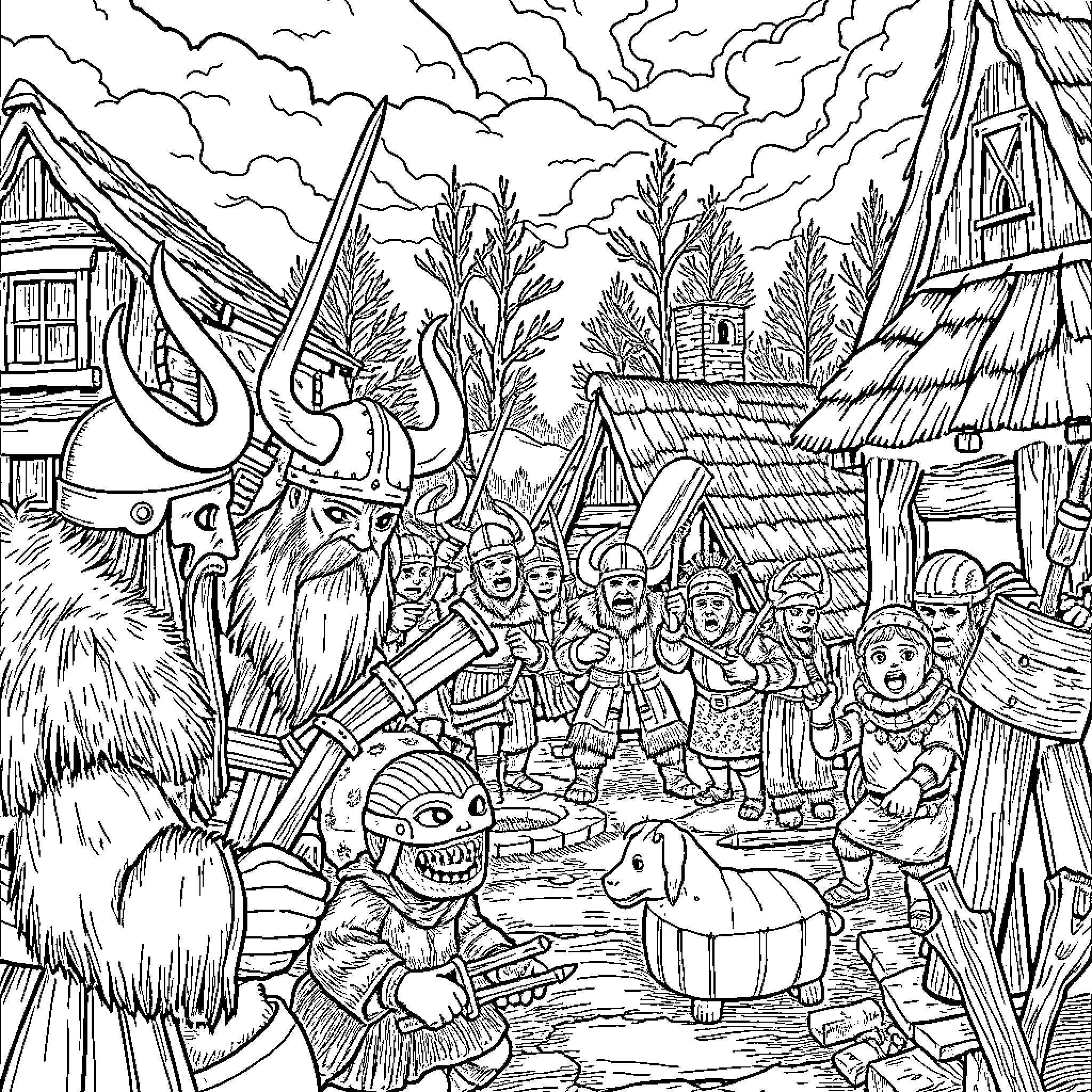 Viking Village Scene with Warrior Figures and Mythical Creatures Coloring Page (free black-and-white line drawing printable PDF for all, from beginners to advanced learners, including children, teens, adults, and seniors)