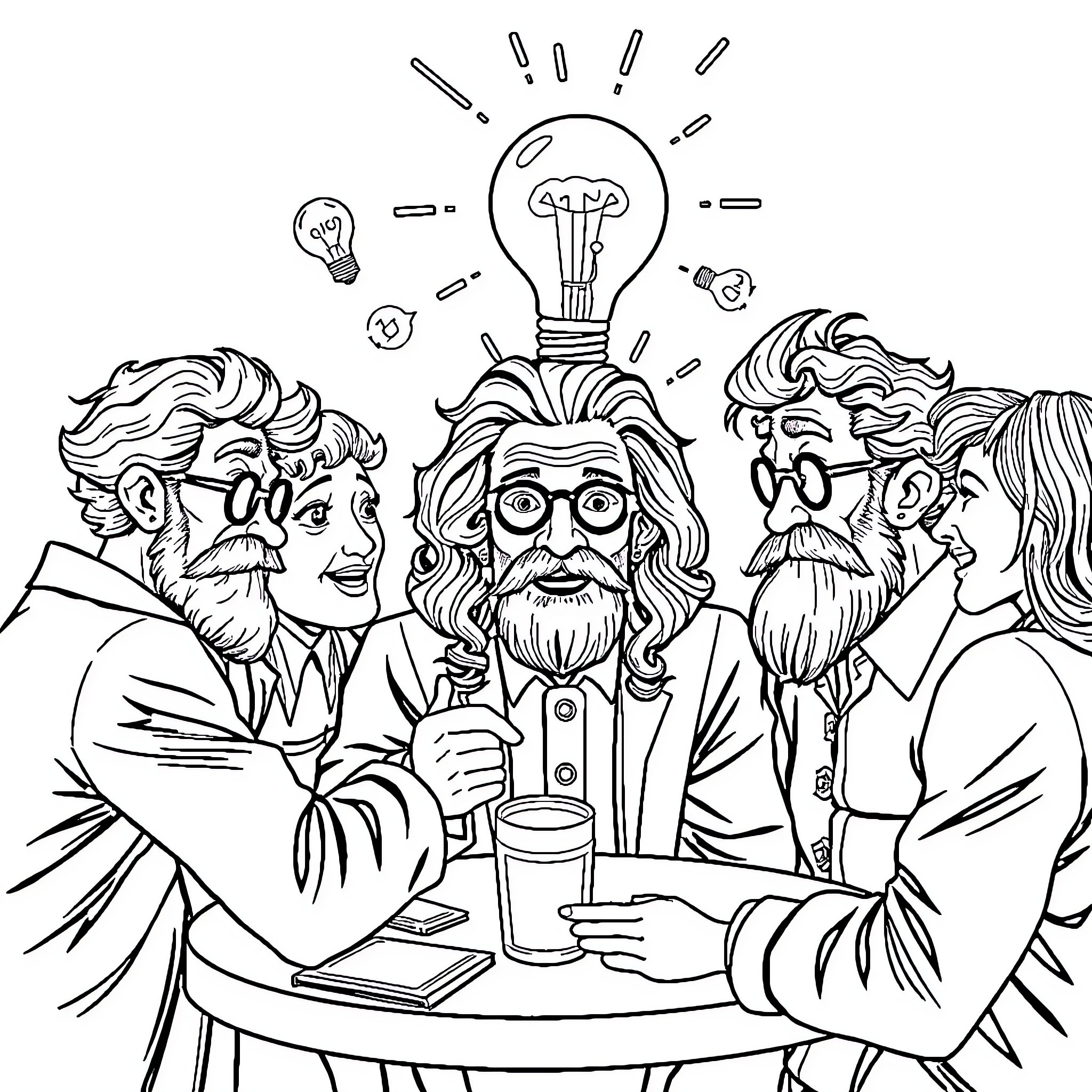 Genius Scientists Discussing Innovative Ideas Coloring Page (free black-and-white line drawing printable PDF for all, from beginners to advanced learners, including children, teens, adults, and seniors)