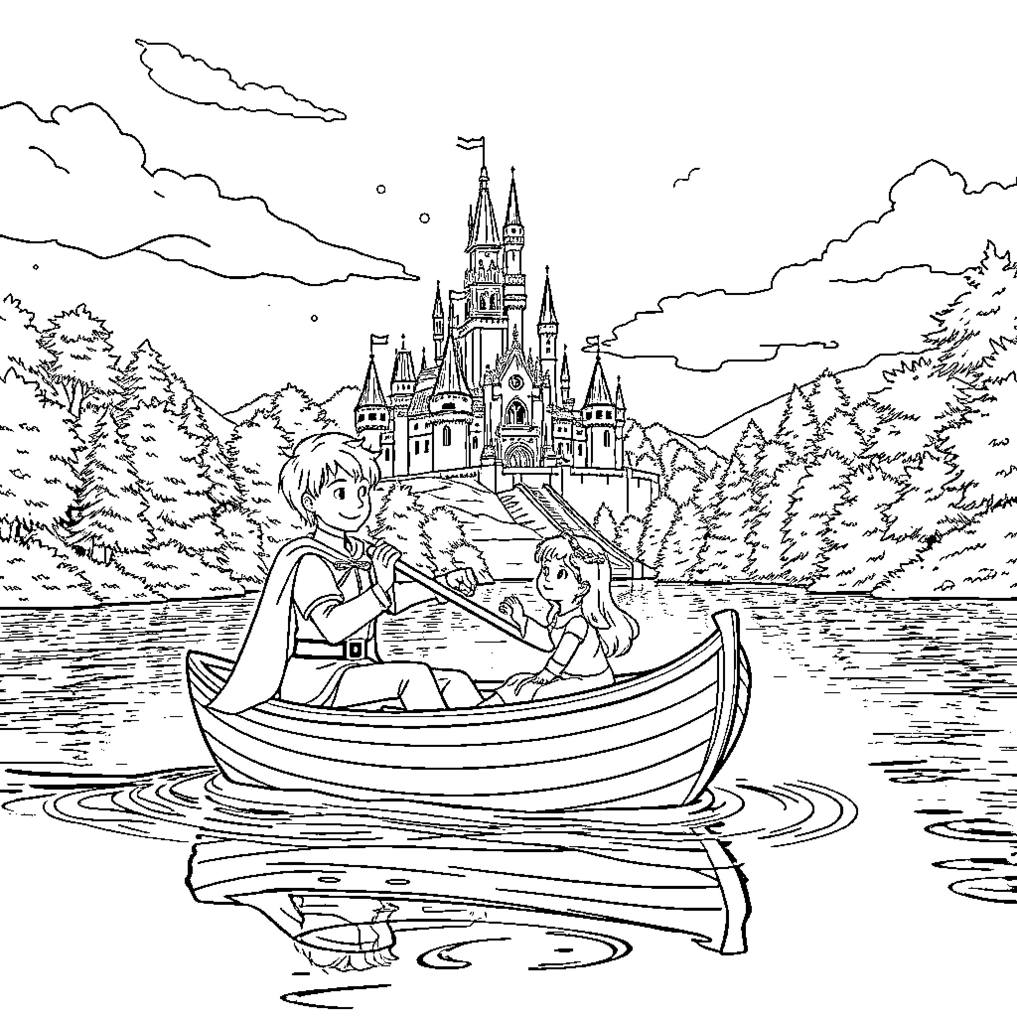Prince and Princess Rowing Boat Towards Castle Coloring Page (free black-and-white line drawing printable PDF for all, from beginners to advanced learners, including children, teens, adults, and seniors)