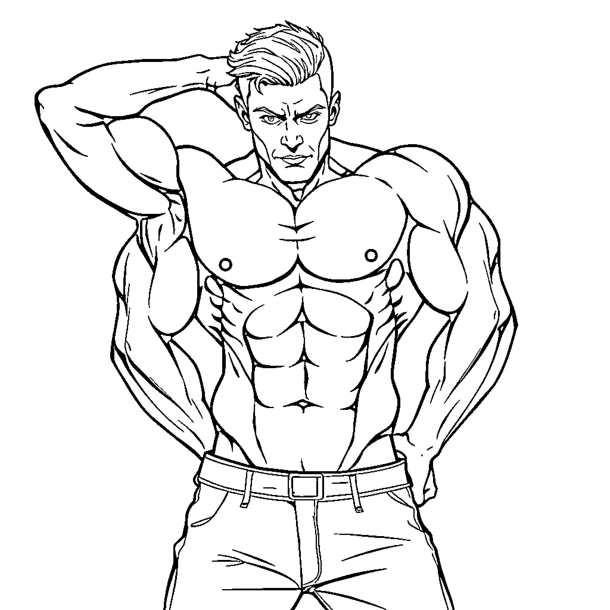 Abdominal muscular man in dynamic pose Coloring Page (free black-and-white line drawing printable PDF for all, from beginners to advanced learners, including children, teens, adults, and seniors)