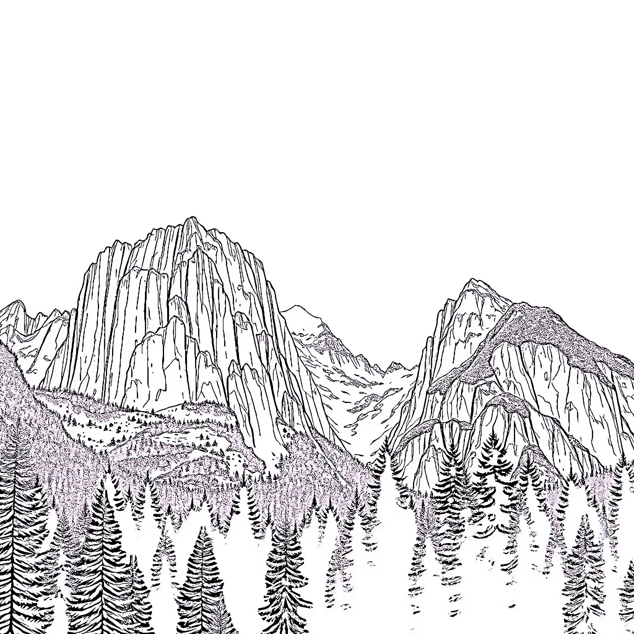 Mountain range with pine forest landscape Coloring Page (free black-and-white line drawing printable PDF for all, from beginners to advanced learners, including children, teens, adults, and seniors)