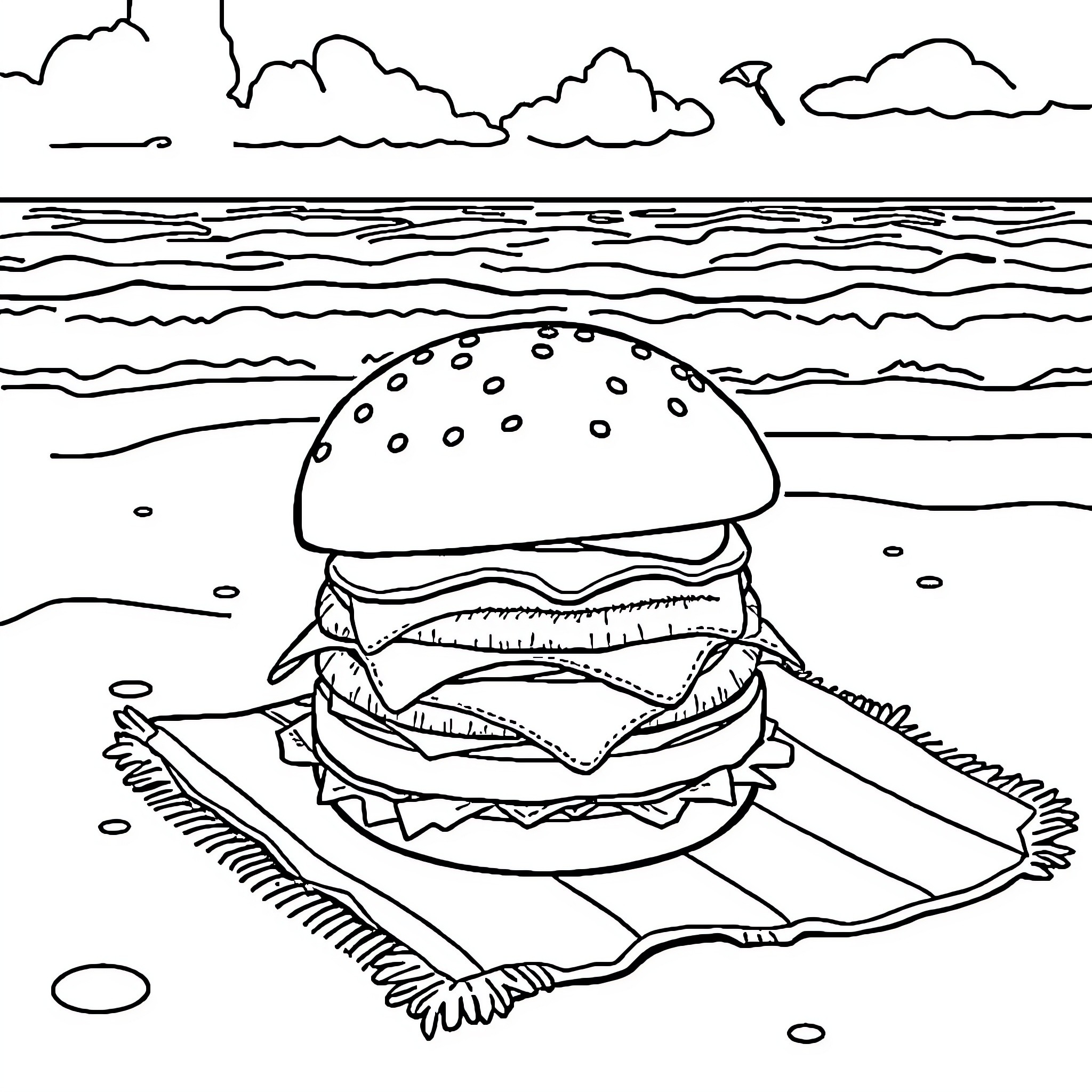 Cheeseburger on a beach towel by the ocean Coloring Page (free black-and-white line drawing printable PDF for all, from beginners to advanced learners, including children, teens, adults, and seniors)
