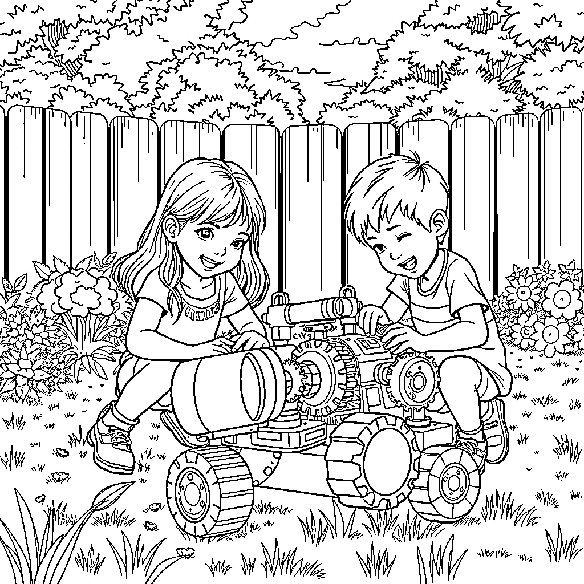 Child playing with toy vehicle in garden Coloring Page (free black-and-white line drawing printable PDF for all, from beginners to advanced learners, including children, teens, adults, and seniors)
