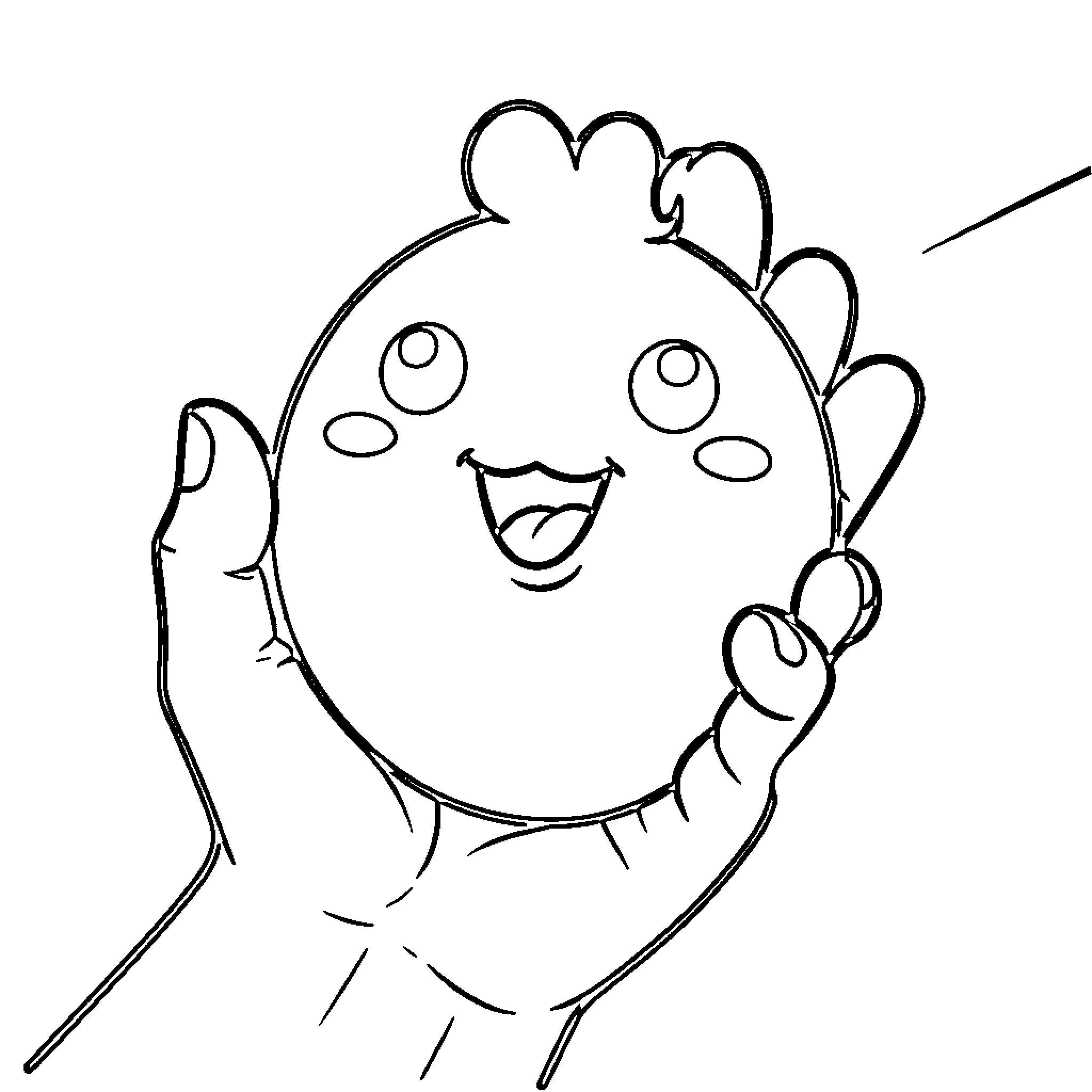 Needoh character smiling happily in a hand Coloring Page (free black-and-white line drawing printable PDF for all, from beginners to advanced learners, including children, teens, adults, and seniors)