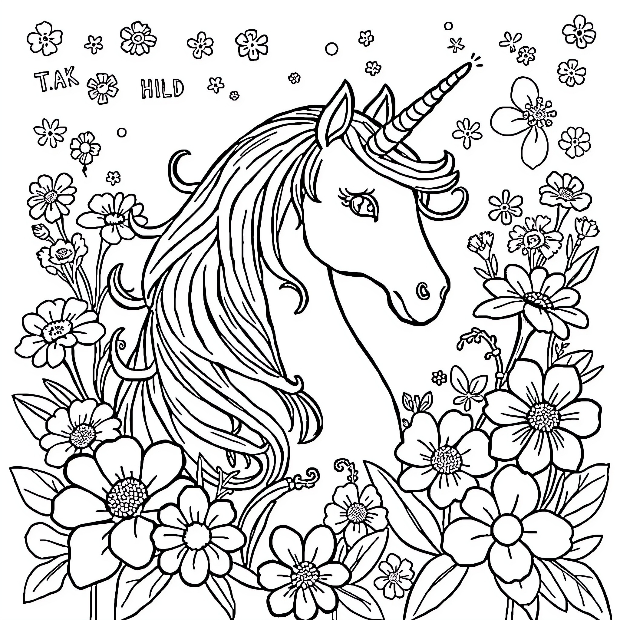 Unicorn surrounded by whimsical flowers Coloring Page (free black-and-white line drawing printable PDF for all, from beginners to advanced learners, including children, teens, adults, and seniors)