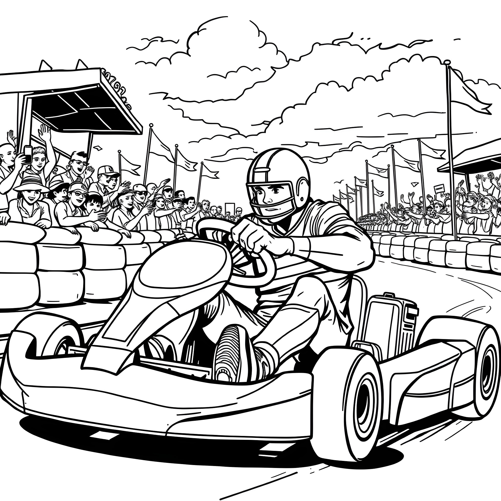 Rugby Player in High-Speed Go-Kart Race Coloring Page (free black-and-white line drawing printable PDF for all, from beginners to advanced learners, including children, teens, adults, and seniors)