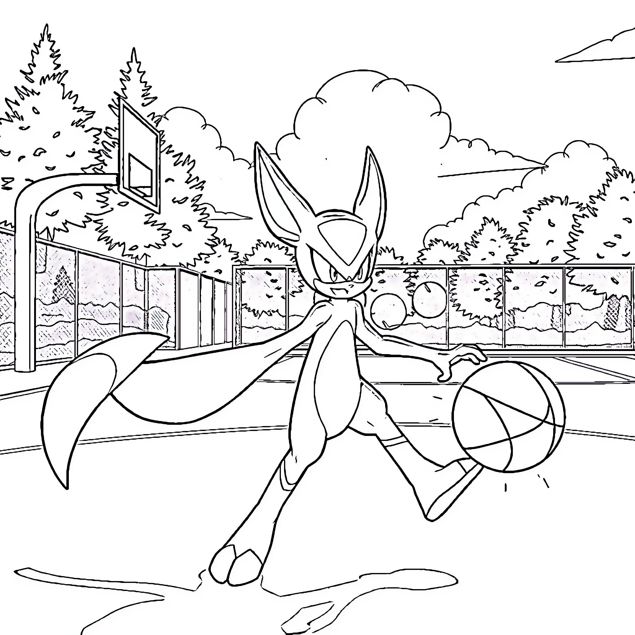 Mewtwo enjoying a basketball game in the park Coloring Page (free black-and-white line drawing printable PDF for all, from beginners to advanced learners, including children, teens, adults, and seniors)