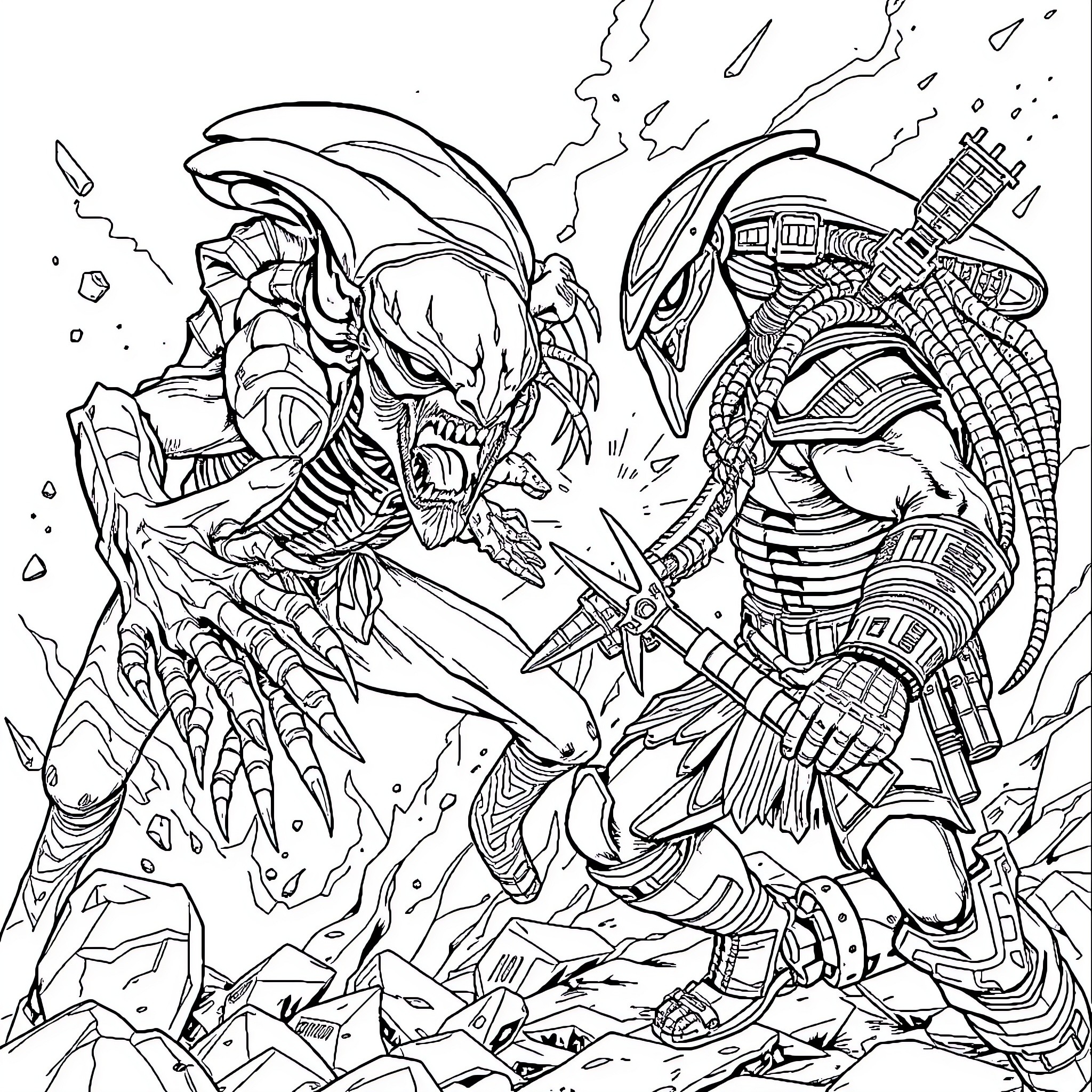 Alien warriors engage in an intense battle Coloring Page (free black-and-white line drawing printable PDF for all, from beginners to advanced learners, including children, teens, adults, and seniors)