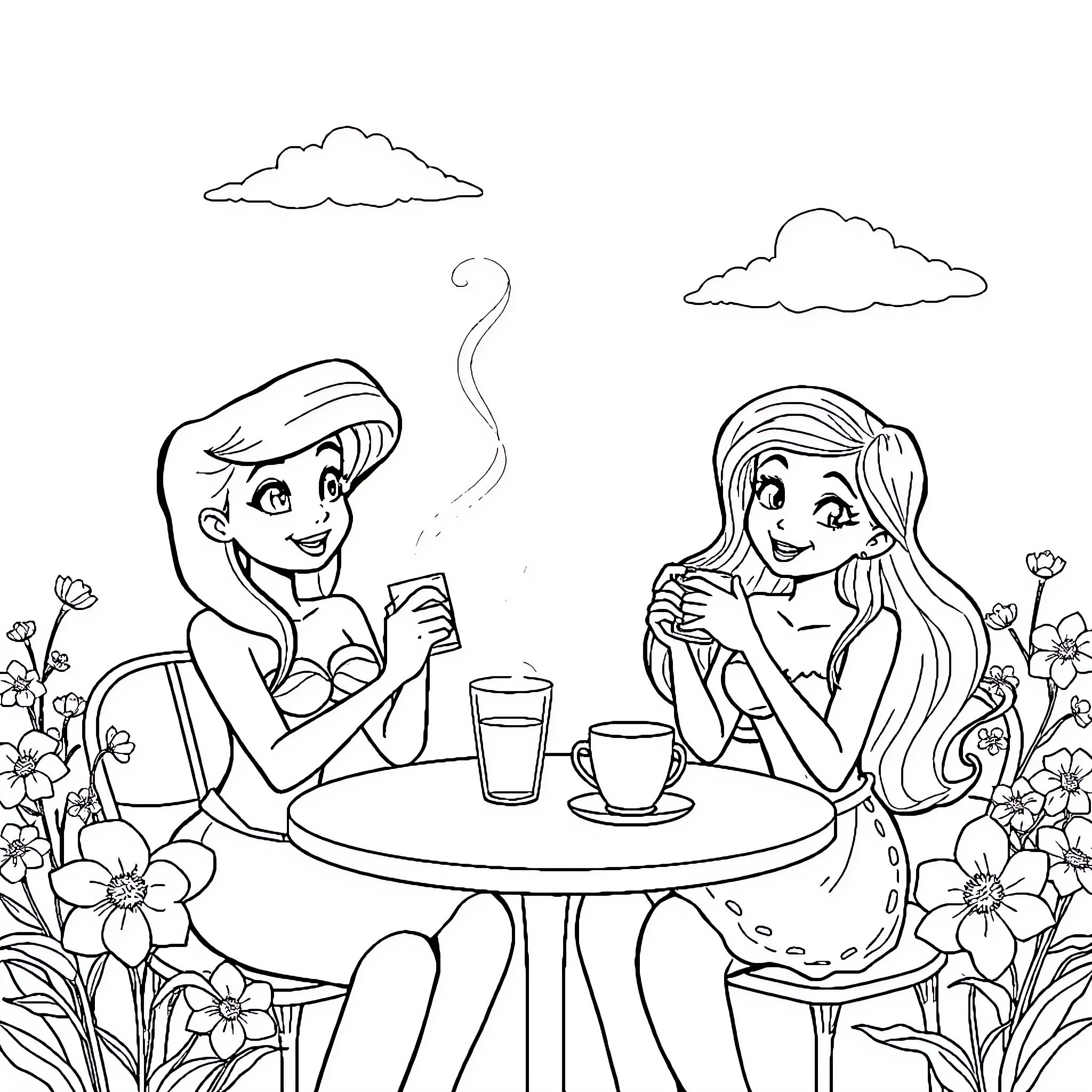 Ariel and Melody enjoying a relaxing tea time Coloring Page (free black-and-white line drawing printable PDF for all, from beginners to advanced learners, including children, teens, adults, and seniors)