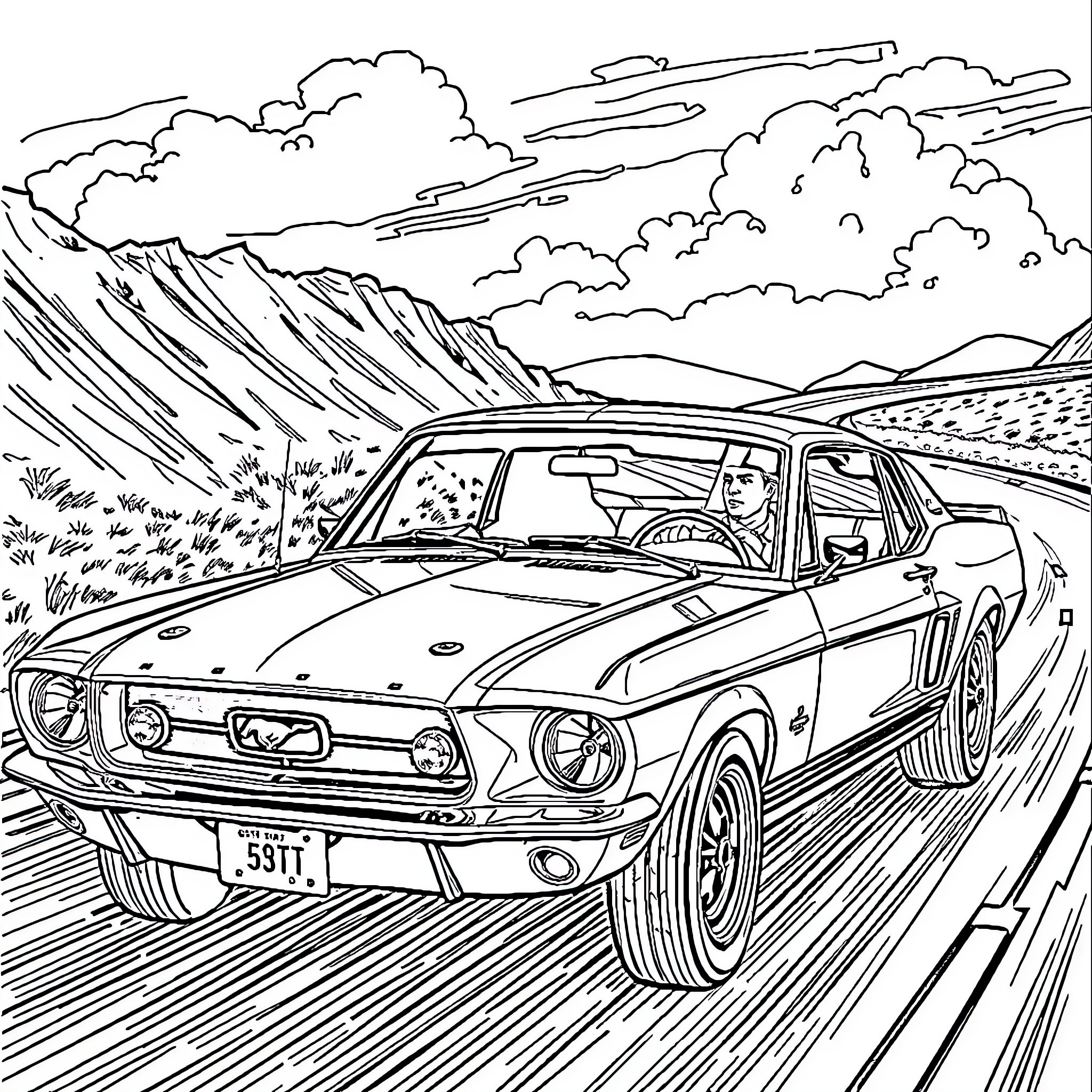 Steve McQueen drives classic muscle car through rugged landscape Coloring Page (free black-and-white line drawing printable PDF for all, from beginners to advanced learners, including children, teens, adults, and seniors)