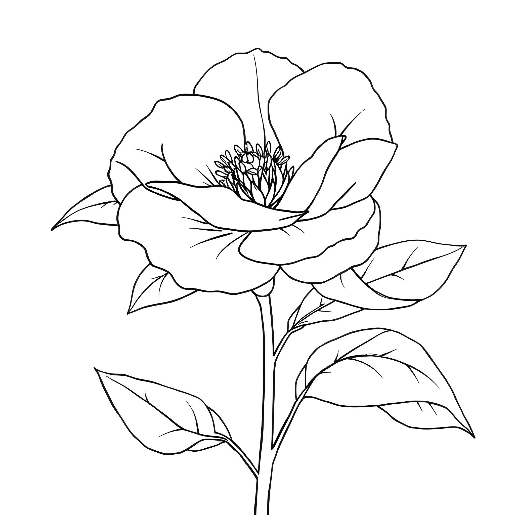 Camellia flower blooming elegantly Coloring Page (free black-and-white line drawing printable PDF for all, from beginners to advanced learners, including children, teens, adults, and seniors)