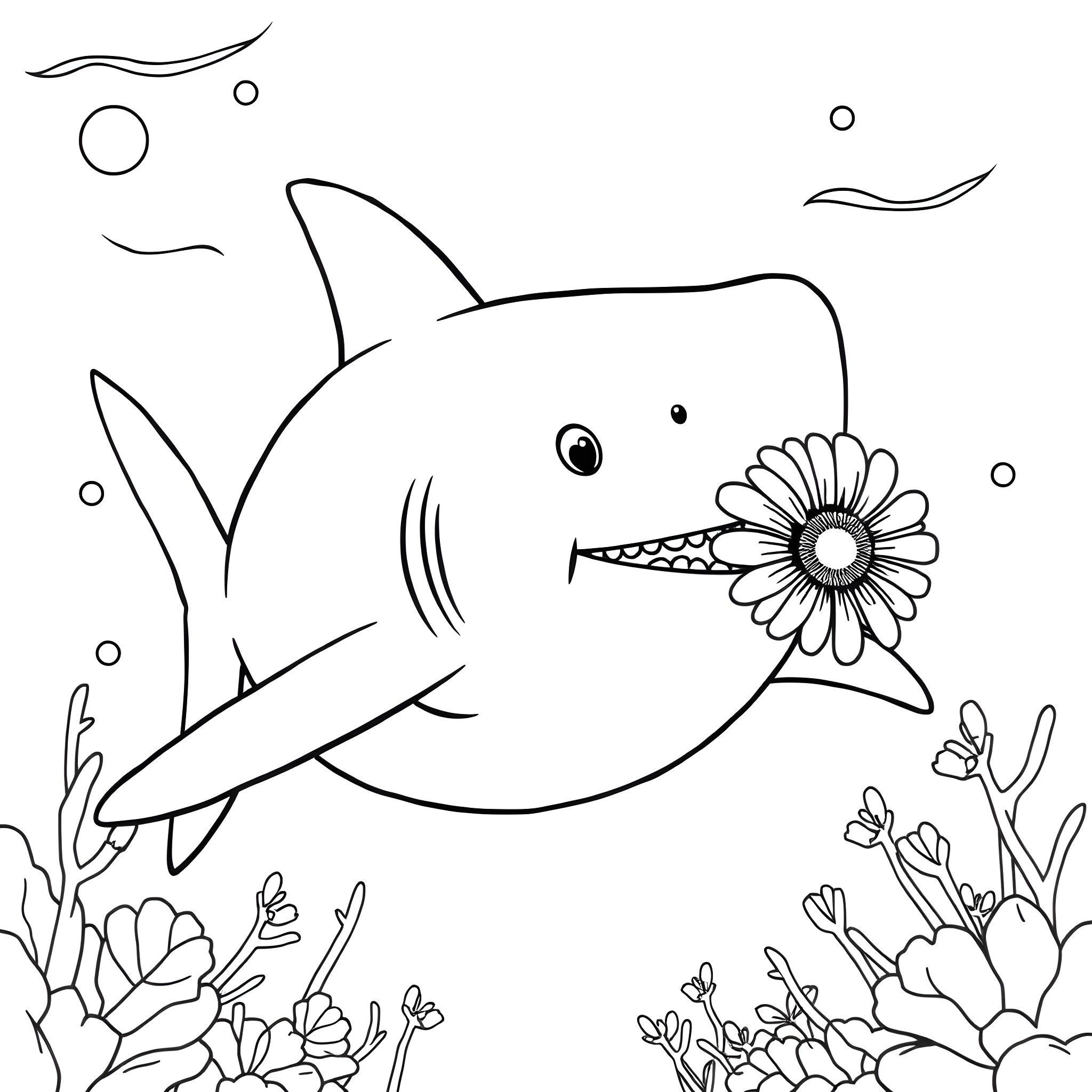 Shark with a flower swimming in the ocean Coloring Page (free black-and-white line drawing printable PDF for all, from beginners to advanced learners, including children, teens, adults, and seniors)