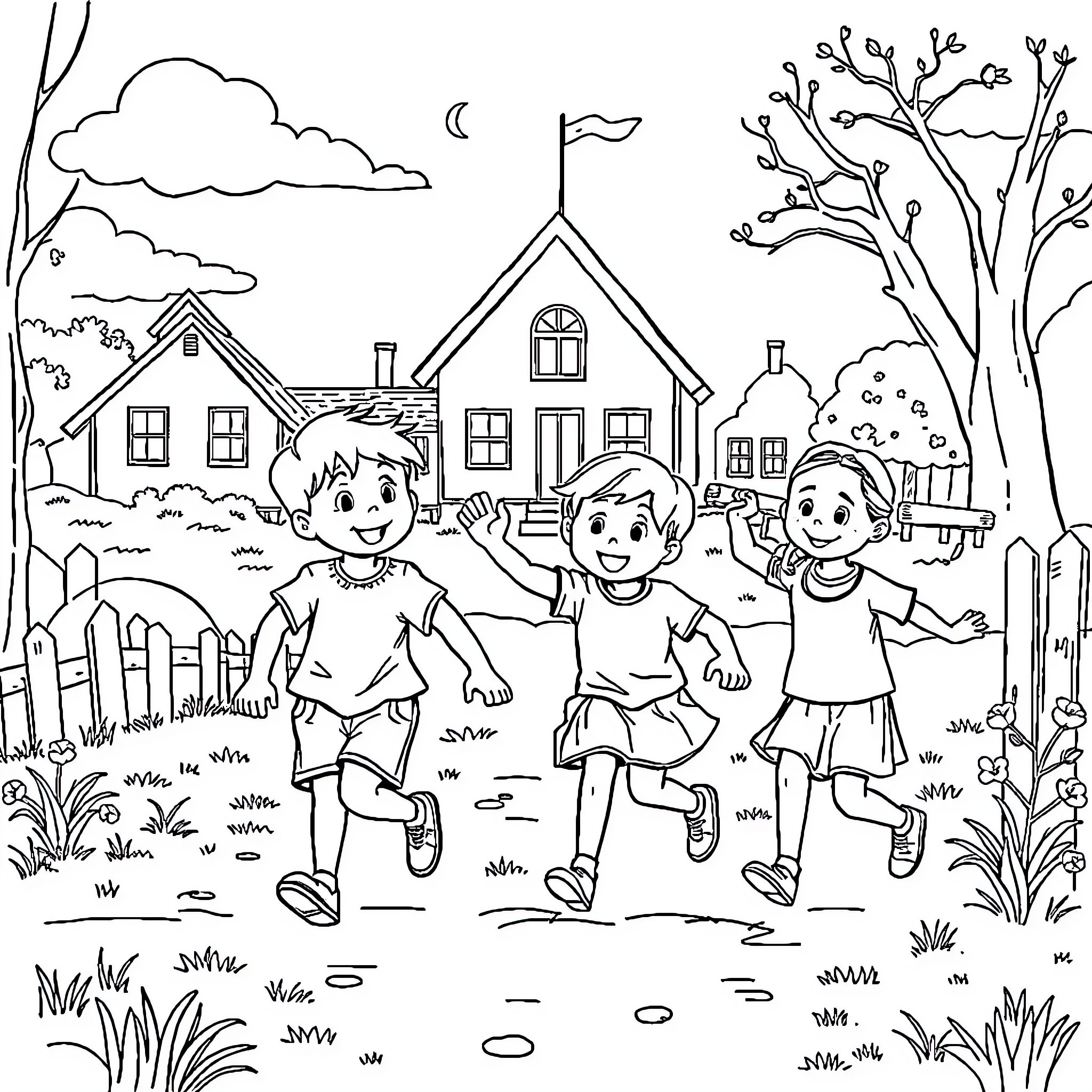 Preschool children playing happily in the neighborhood Coloring Page (free black-and-white line drawing printable PDF for all, from beginners to advanced learners, including children, teens, adults, and seniors)