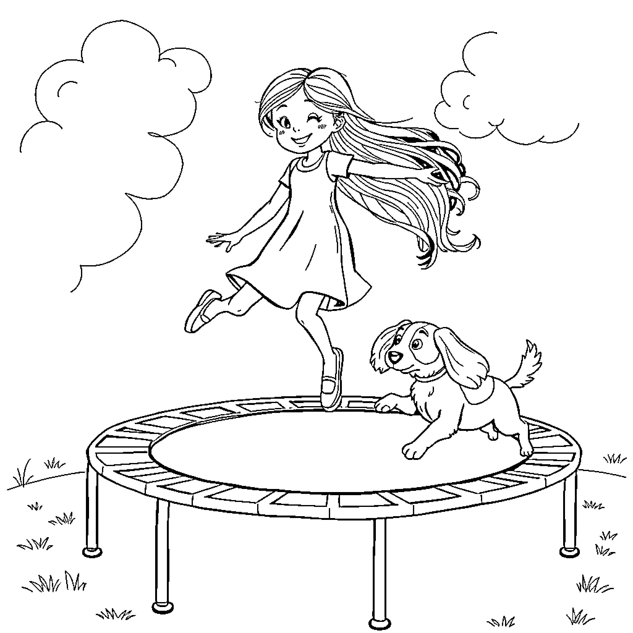 Girl happily jumping on trampoline with puppy Coloring Page (free black-and-white line drawing printable PDF for all, from beginners to advanced learners, including children, teens, adults, and seniors)