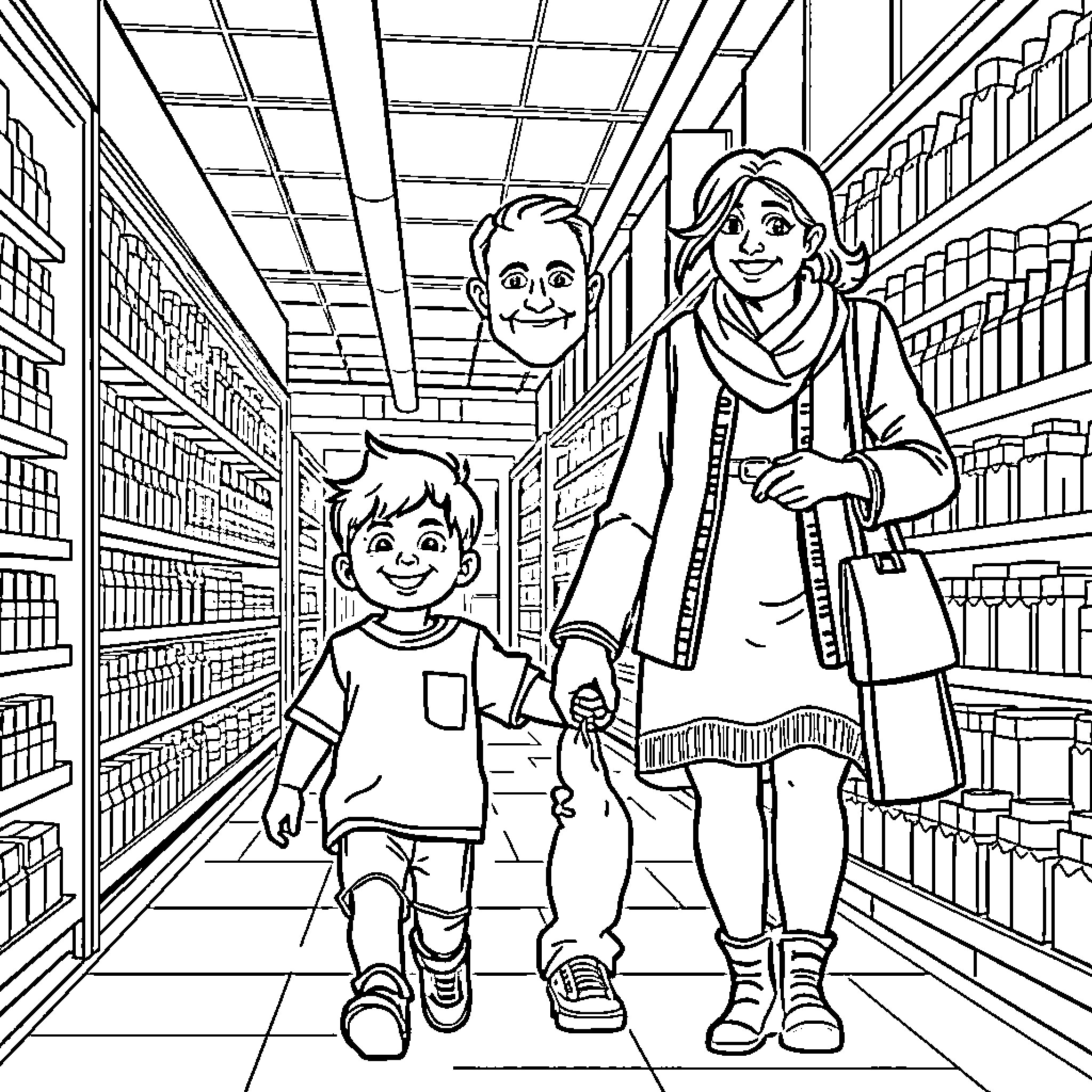 Kid and Adult Explore Library Shelves Together Coloring Page (free black-and-white line drawing printable PDF for all, from beginners to advanced learners, including children, teens, adults, and seniors)