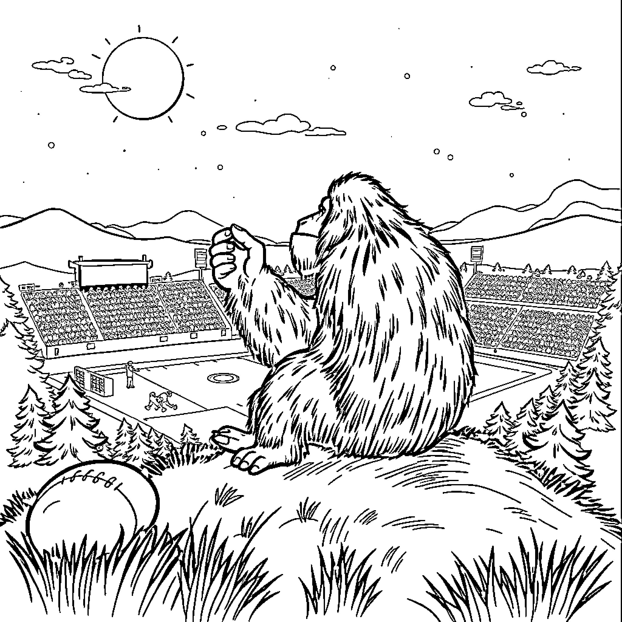 Sasquatch observing the bustling city in the distance Coloring Page (free black-and-white line drawing printable PDF for all, from beginners to advanced learners, including children, teens, adults, and seniors)