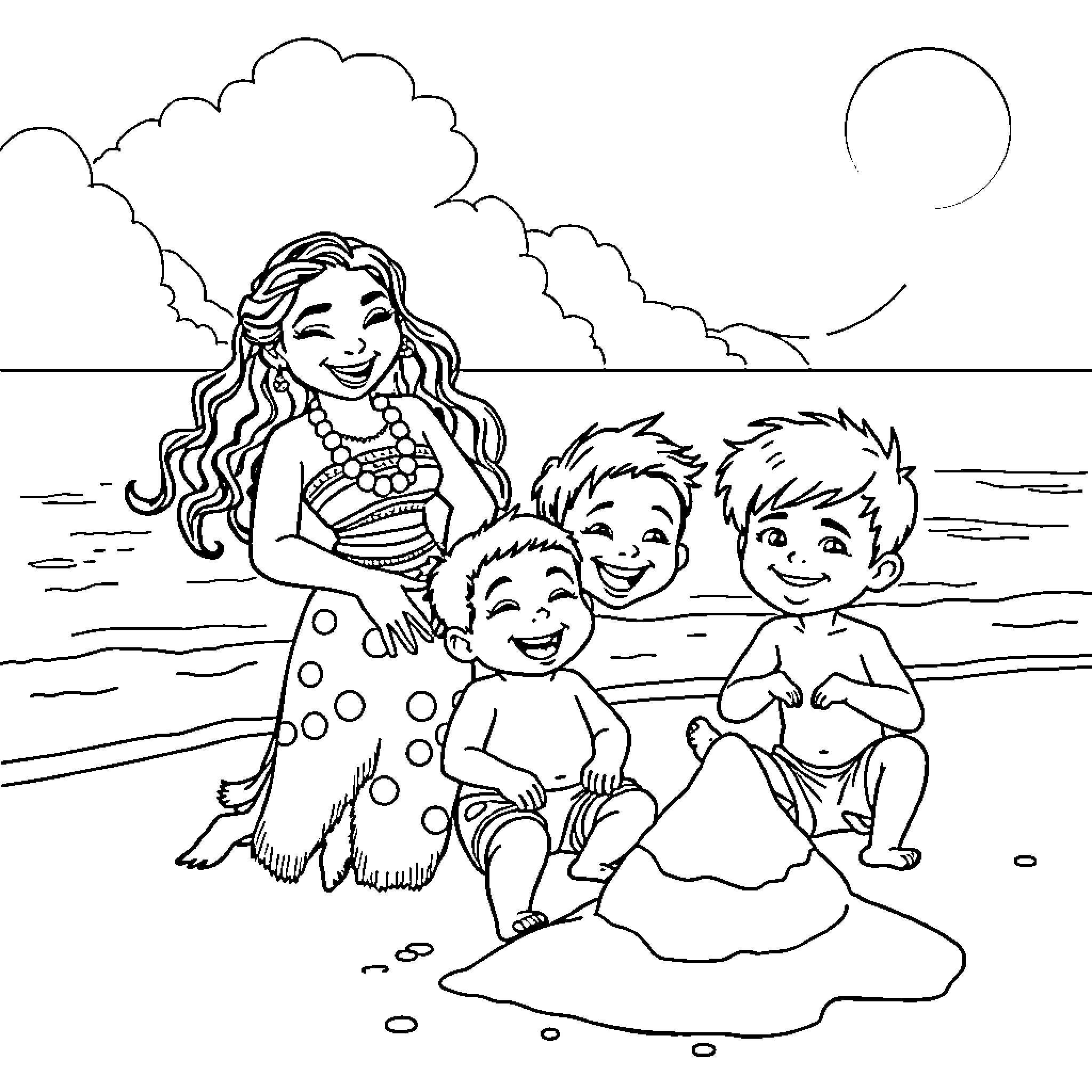 Moana and her friends enjoying the beach Coloring Page (free black-and-white line drawing printable PDF for all, from beginners to advanced learners, including children, teens, adults, and seniors)