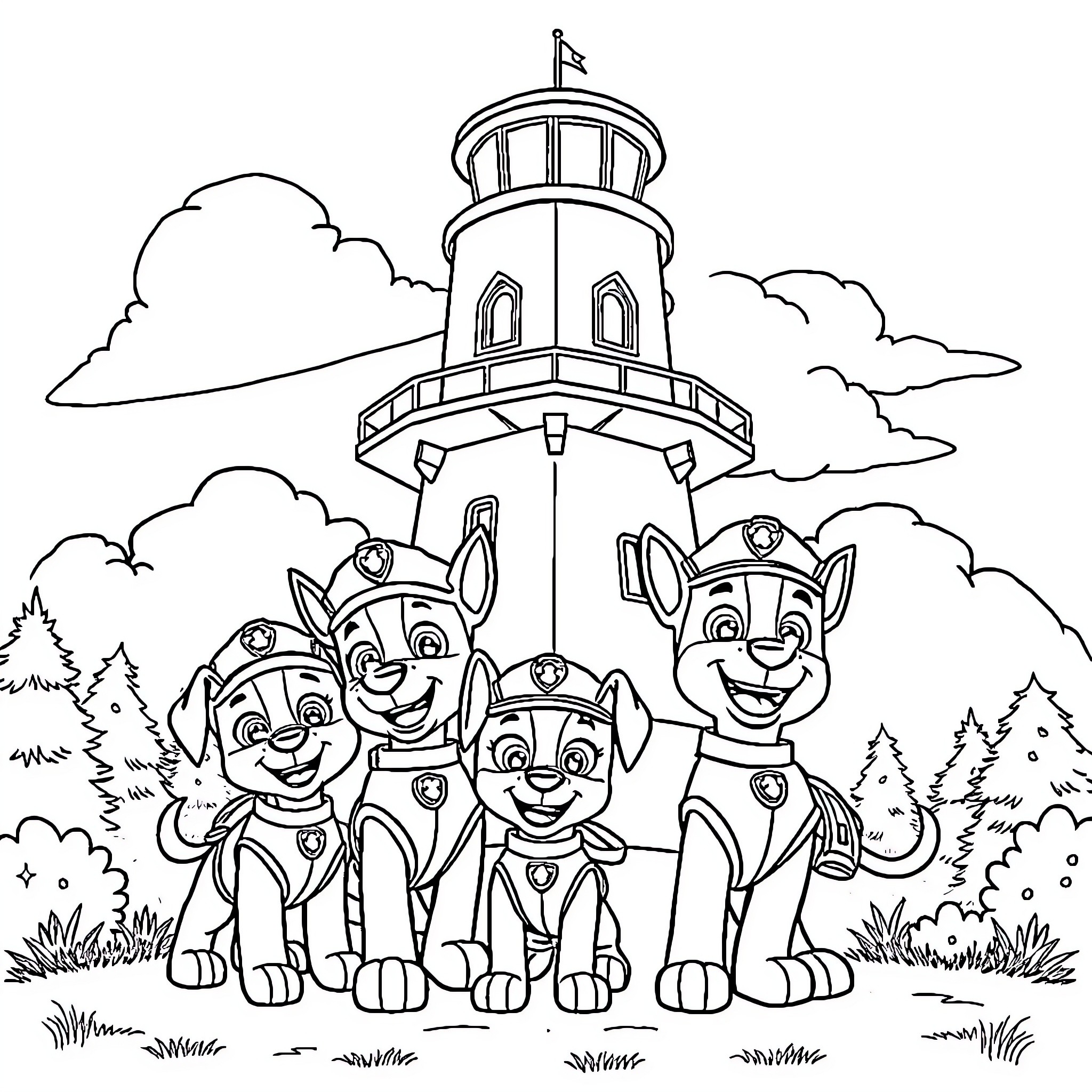 Paw Patrol puppies exploring lighthouse scenery Coloring Page (free black-and-white line drawing printable PDF for all, from beginners to advanced learners, including children, teens, adults, and seniors)