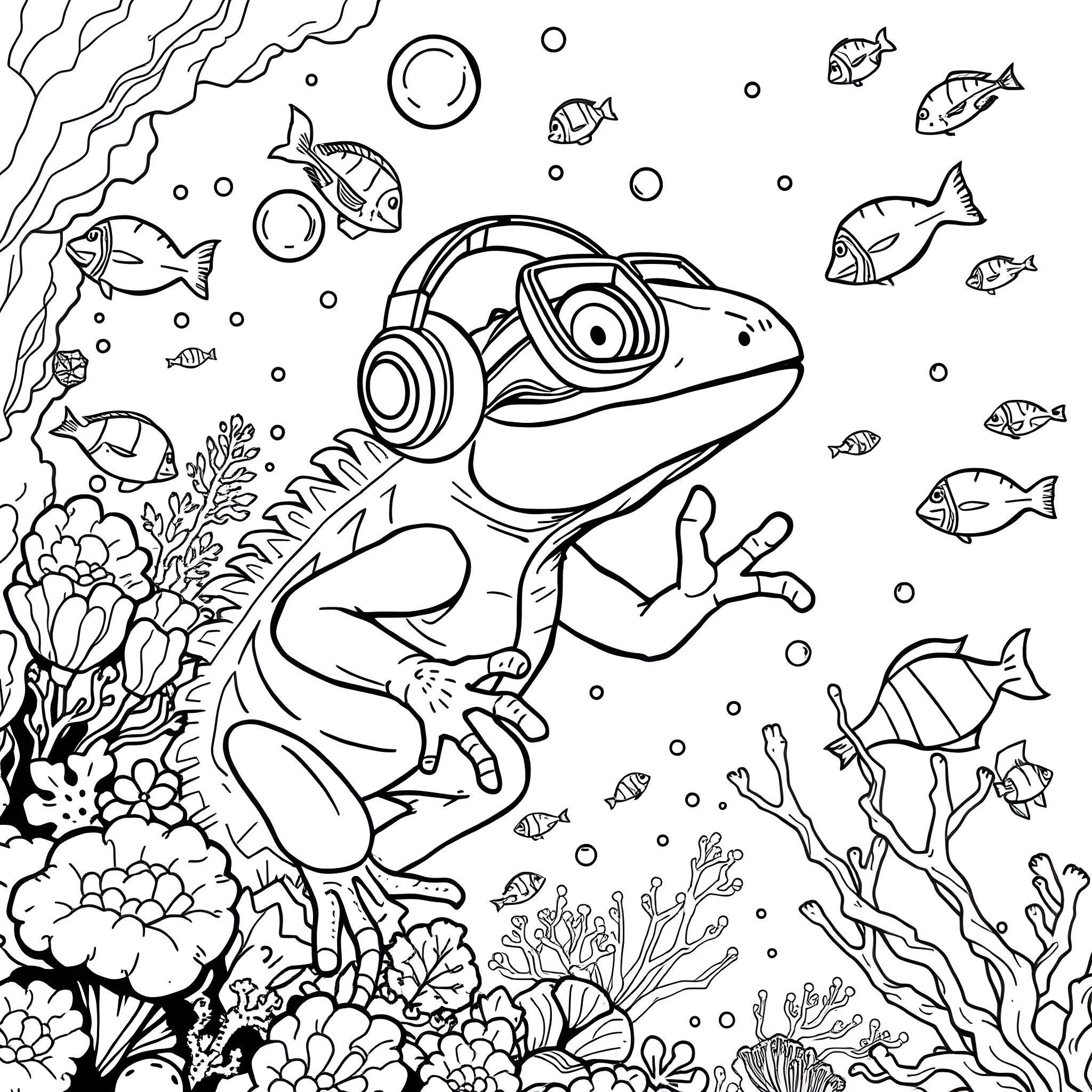 Lizard exploring the underwater world with headphones Coloring Page (free black-and-white line drawing printable PDF for all, from beginners to advanced learners, including children, teens, adults, and seniors)