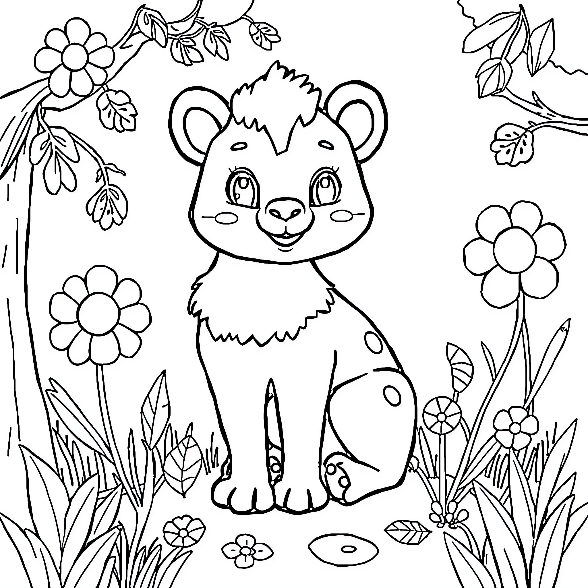 Animal in floral garden scene Coloring Page (free black-and-white line drawing printable PDF for all, from beginners to advanced learners, including children, teens, adults, and seniors)