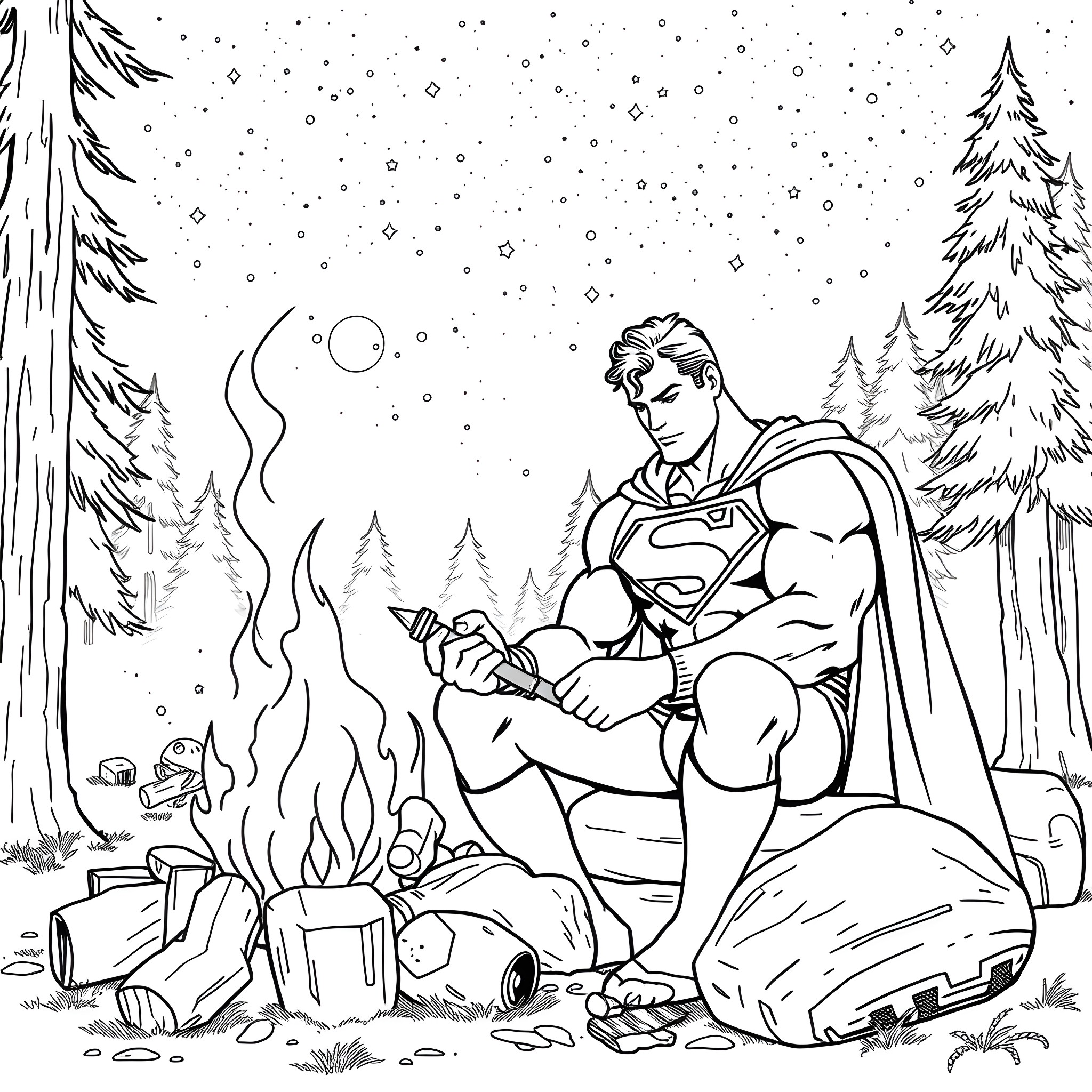 Superman resting by the campfire in a snowy forest Coloring Page (free black-and-white line drawing printable PDF for all, from beginners to advanced learners, including children, teens, adults, and seniors)