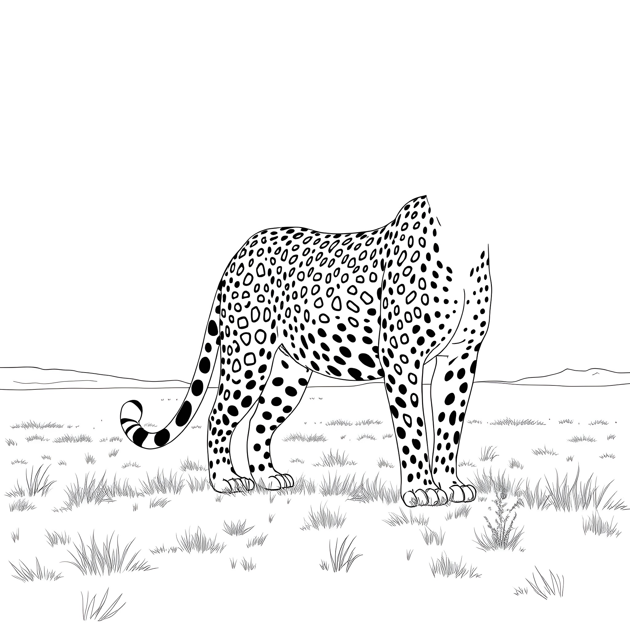 Leopard prowling through the grasslands Coloring Page (free black-and-white line drawing printable PDF for all, from beginners to advanced learners, including children, teens, adults, and seniors)